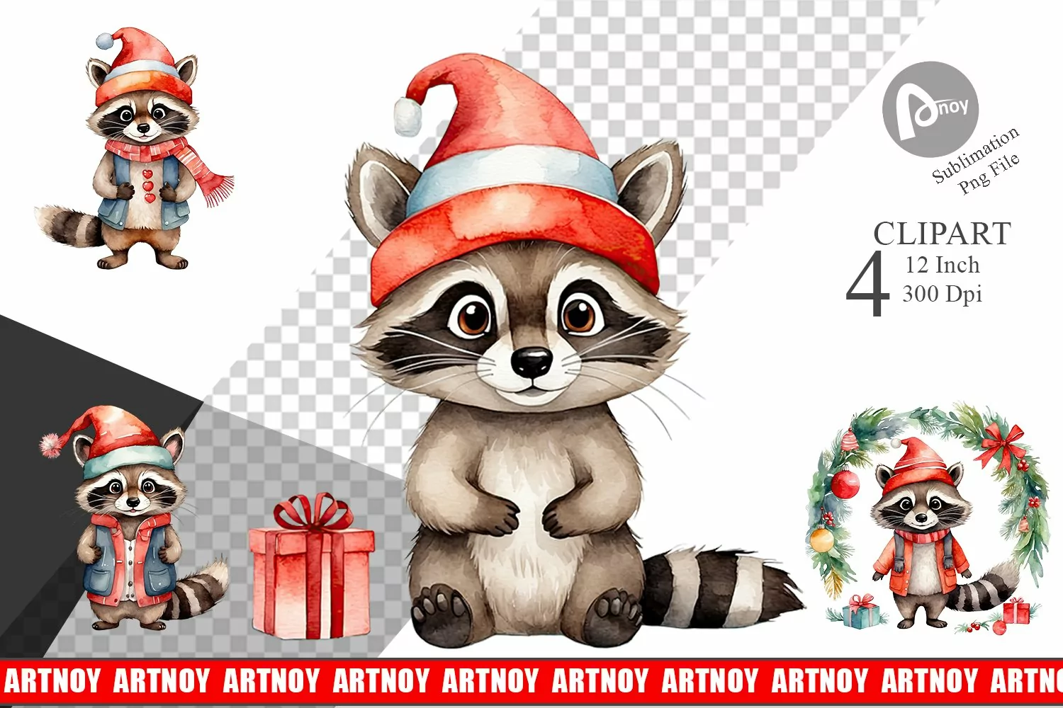 Clipart Watercolor Christmas Raccoon product image 1