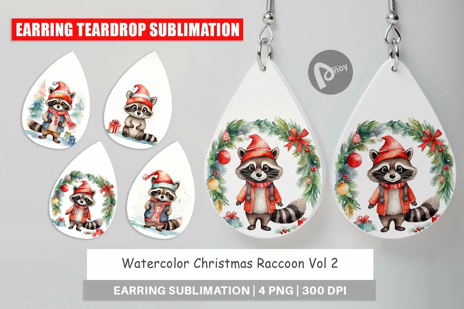 Earring Teardrop Watercolor Christmas Raccoon product image 1