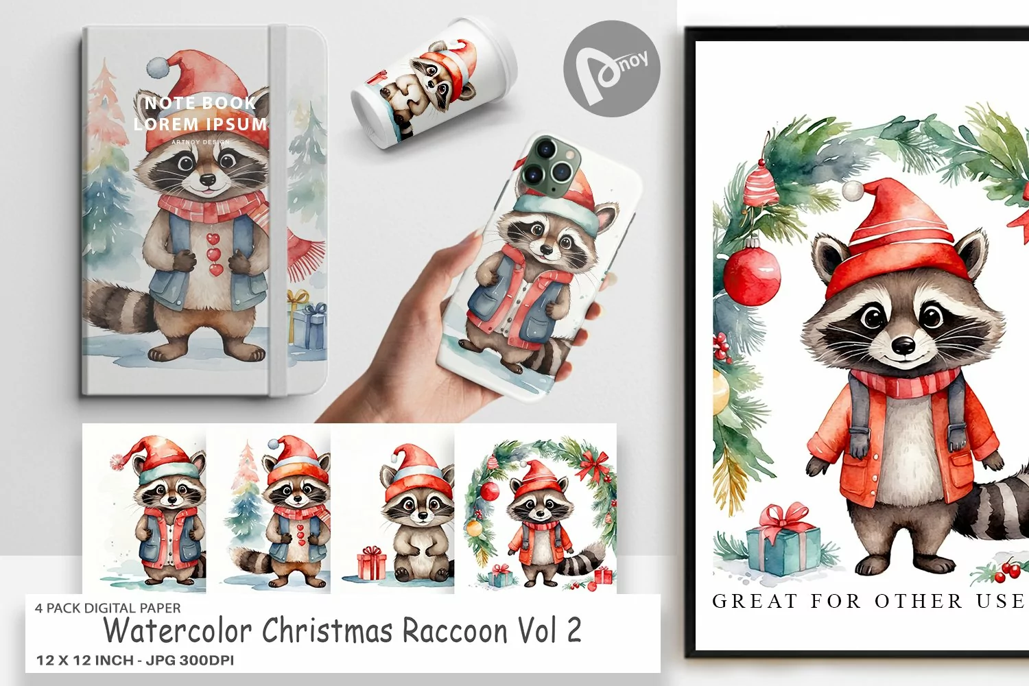 Digital Paper Watercolor Christmas Raccoon product image 1