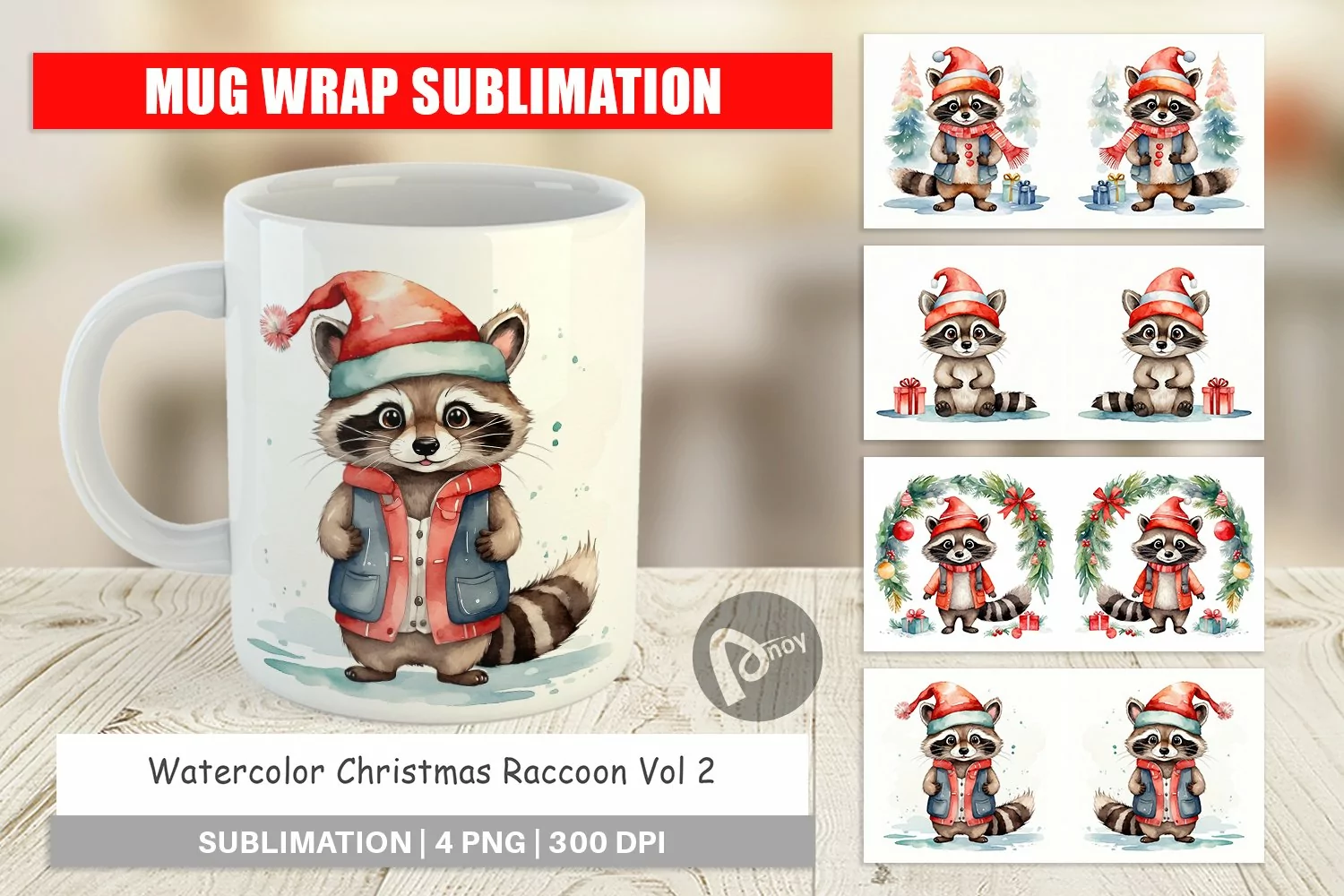 Mug Wrap Design Watercolor Christmas Raccoon product image 1