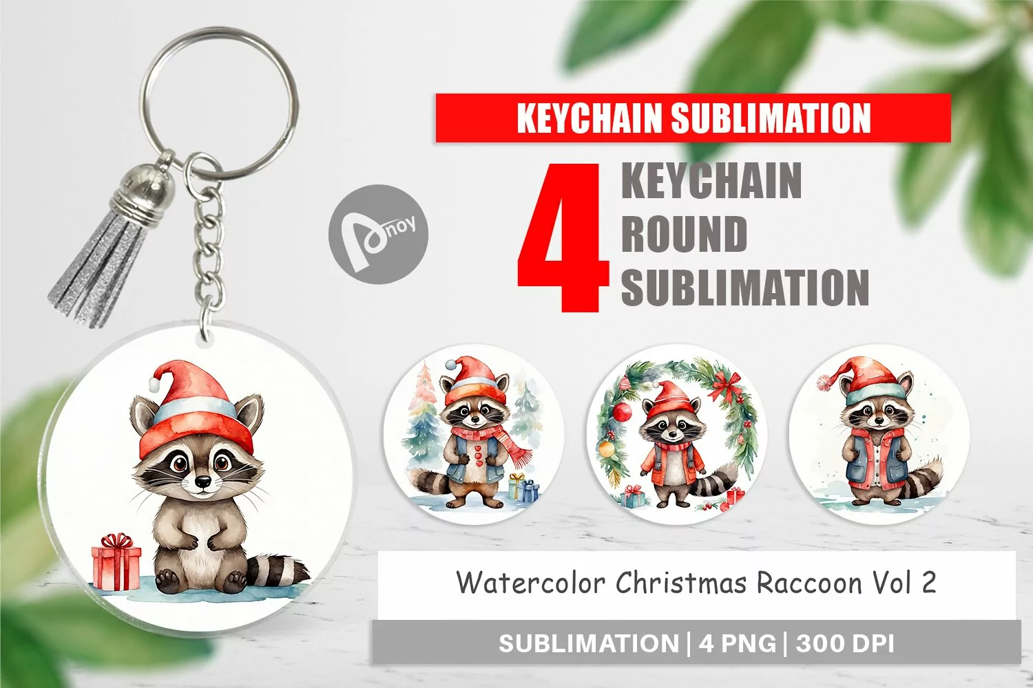 Keychain Watercolor Christmas Raccoon product image 1