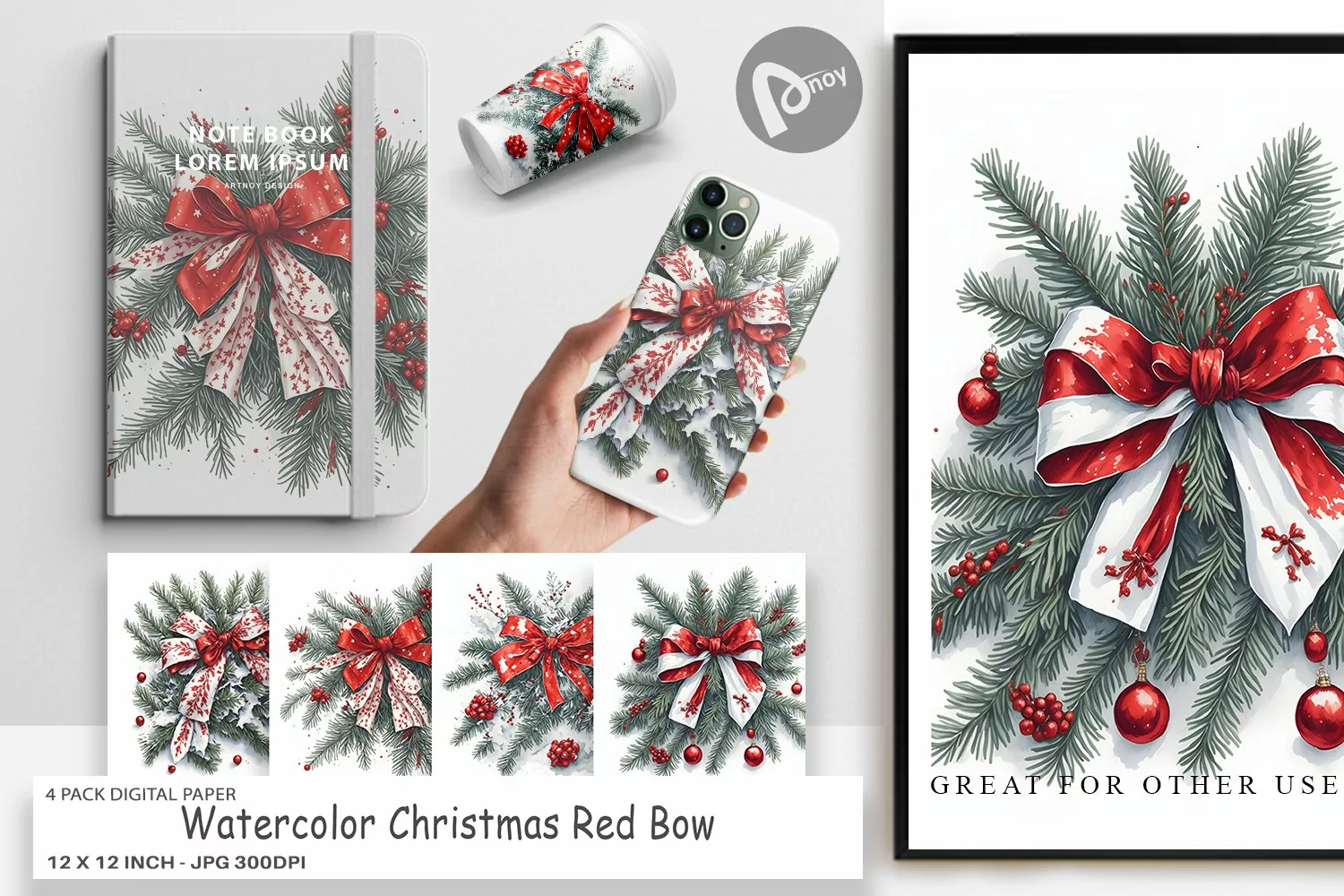 Digital Paper Watercolor Christmas Bow product image 1