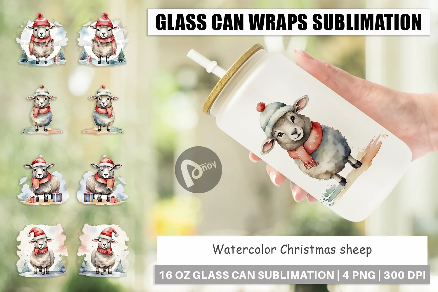 Glass Can Wraps Watercolor Christmas sheep product image 1