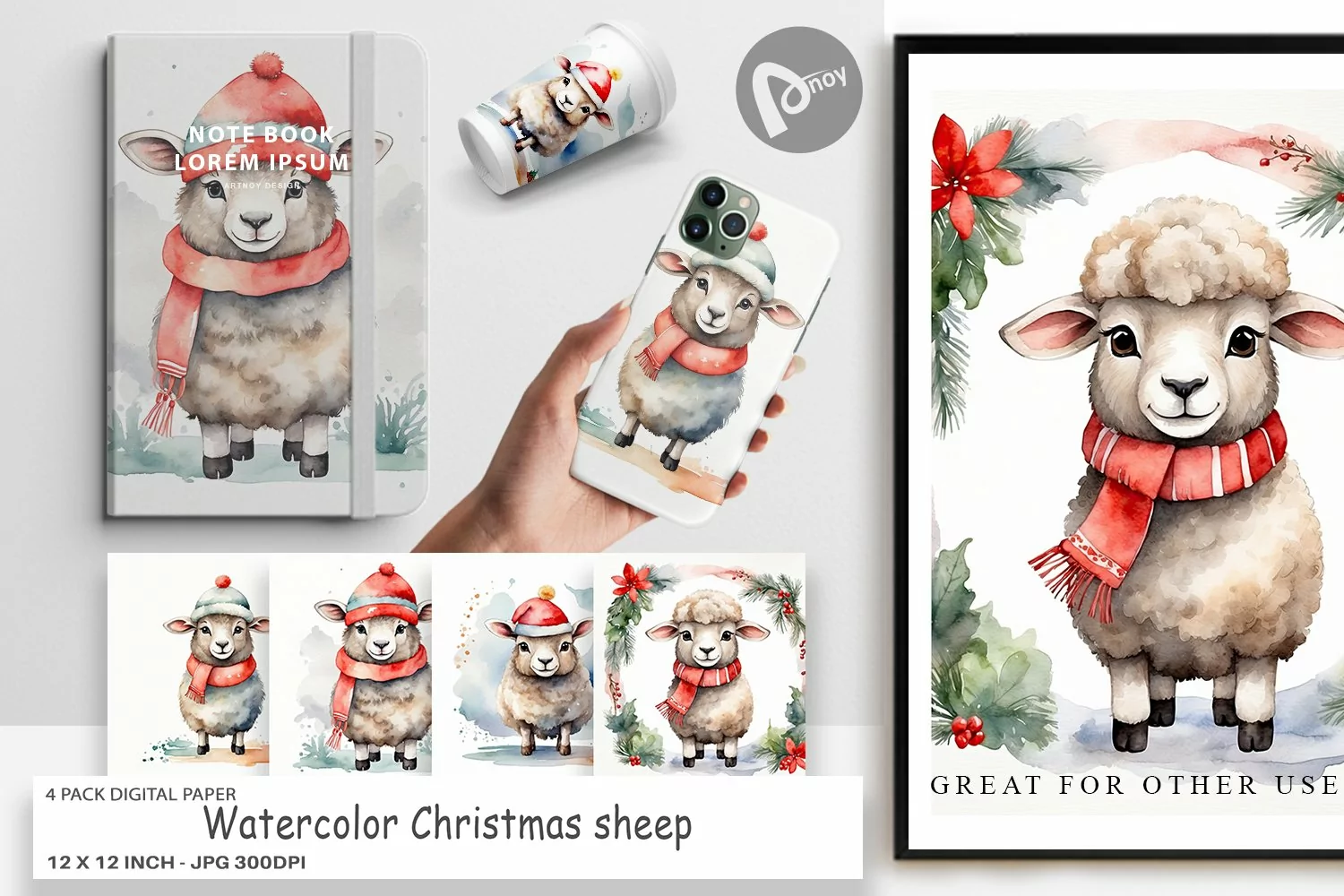 Digital Paper Watercolor Christmas sheep product image 1