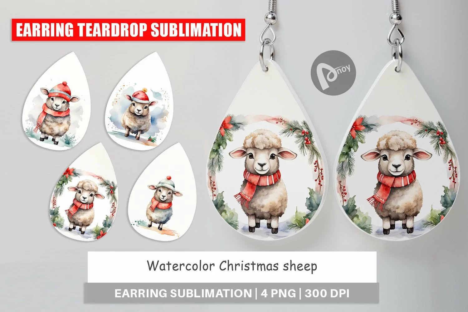 Earring Teardrop Watercolor Christmas sheep product image 1