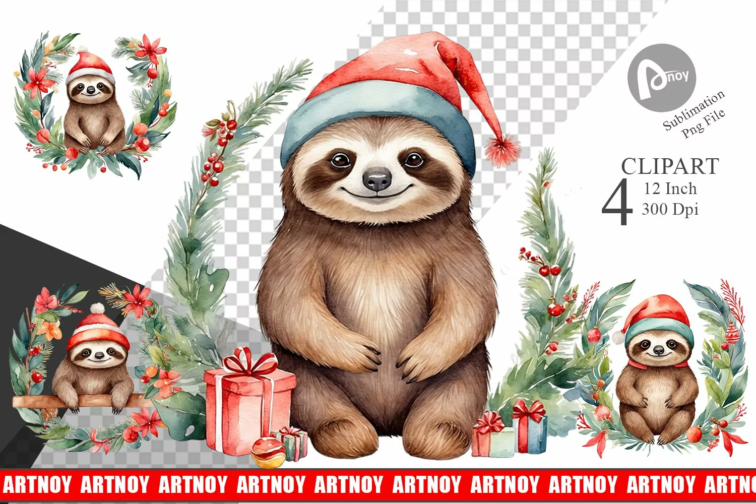 Clipart Watercolor Christmas Sloth product image 1