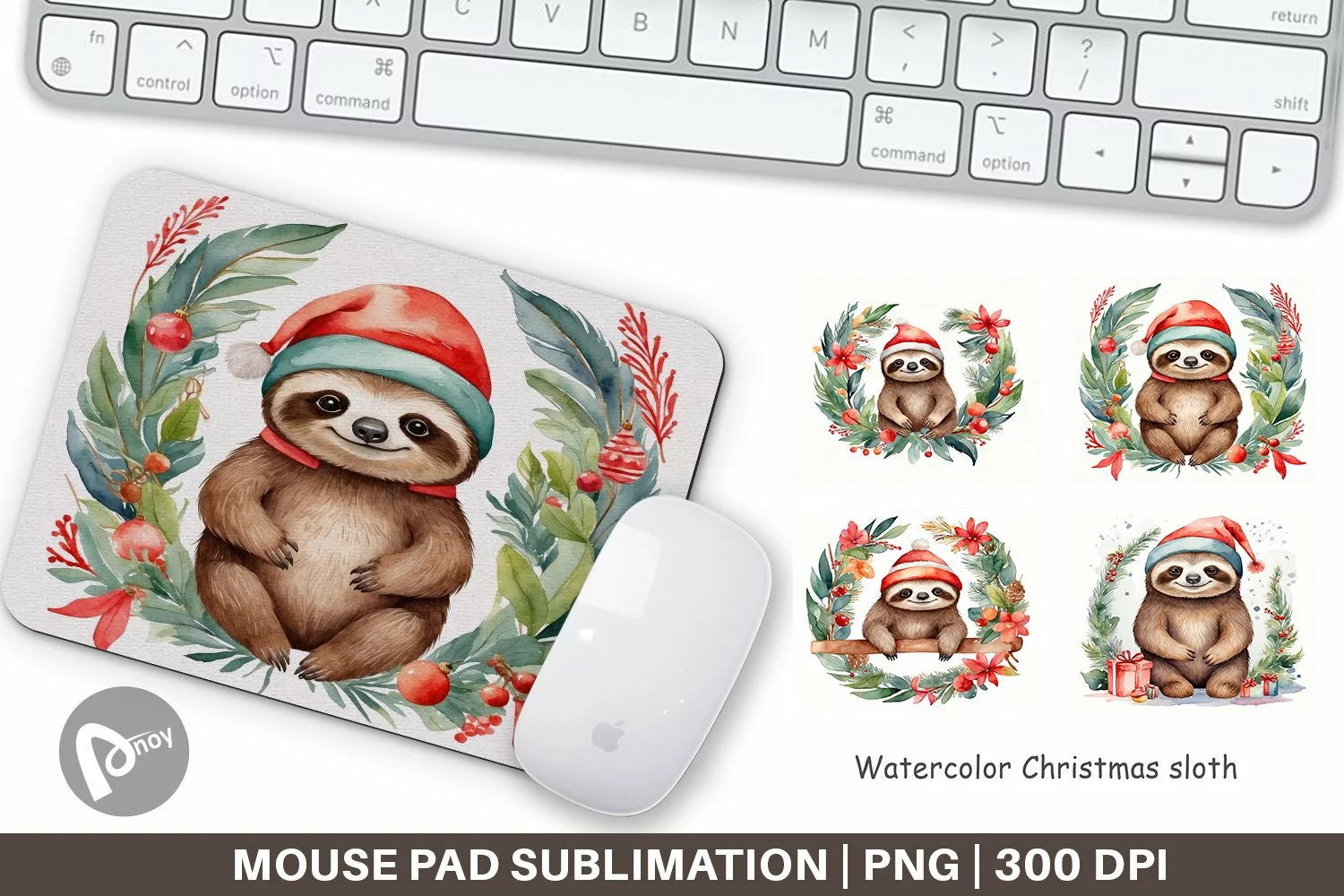Mouse Pad Watercolor Christmas sloth product image 1