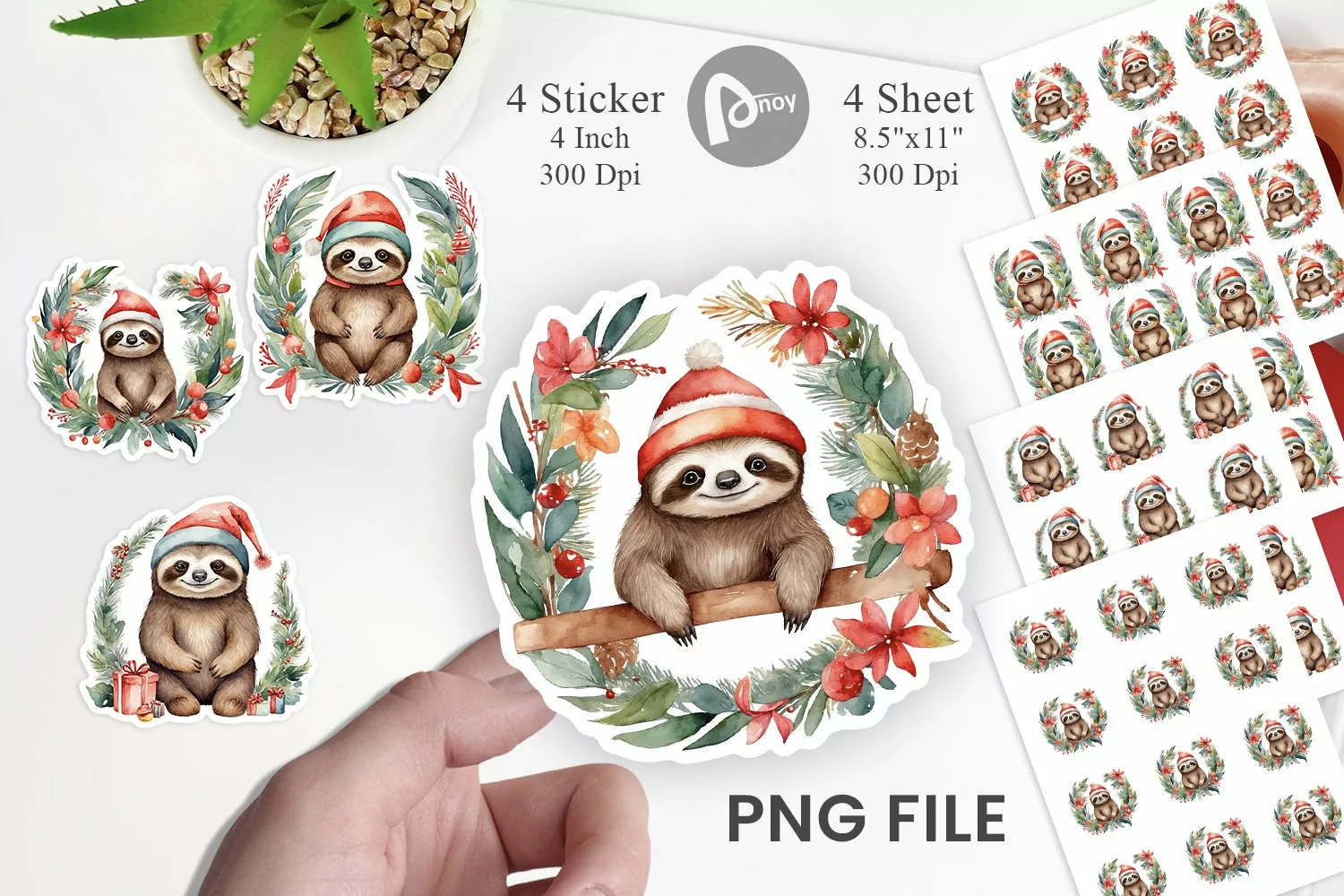 Sticker Watercolor Christmas Sloth product image 1