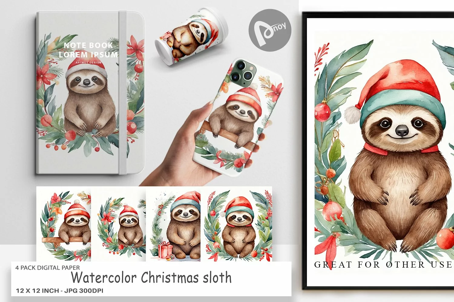 Digital Paper Watercolor Christmas sloth product image 1