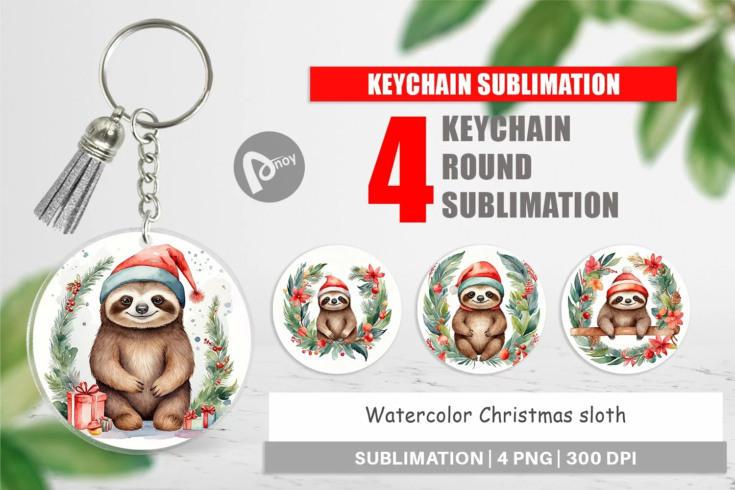 Keychain Watercolor Christmas sloth product image 1