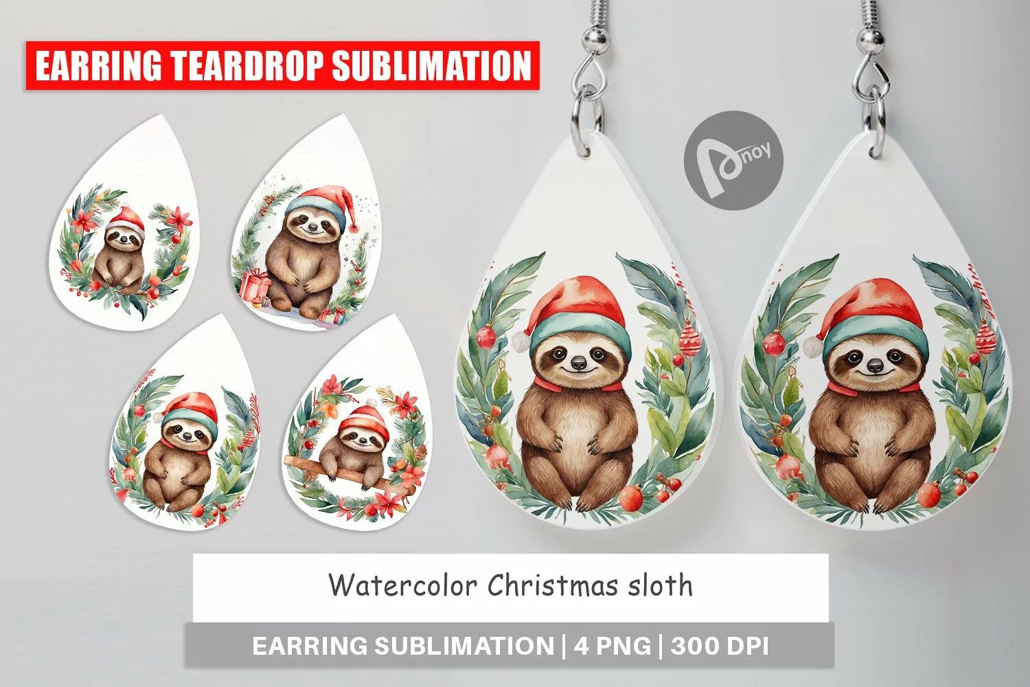 Earring Teardrop Watercolor Christmas sloth product image 1