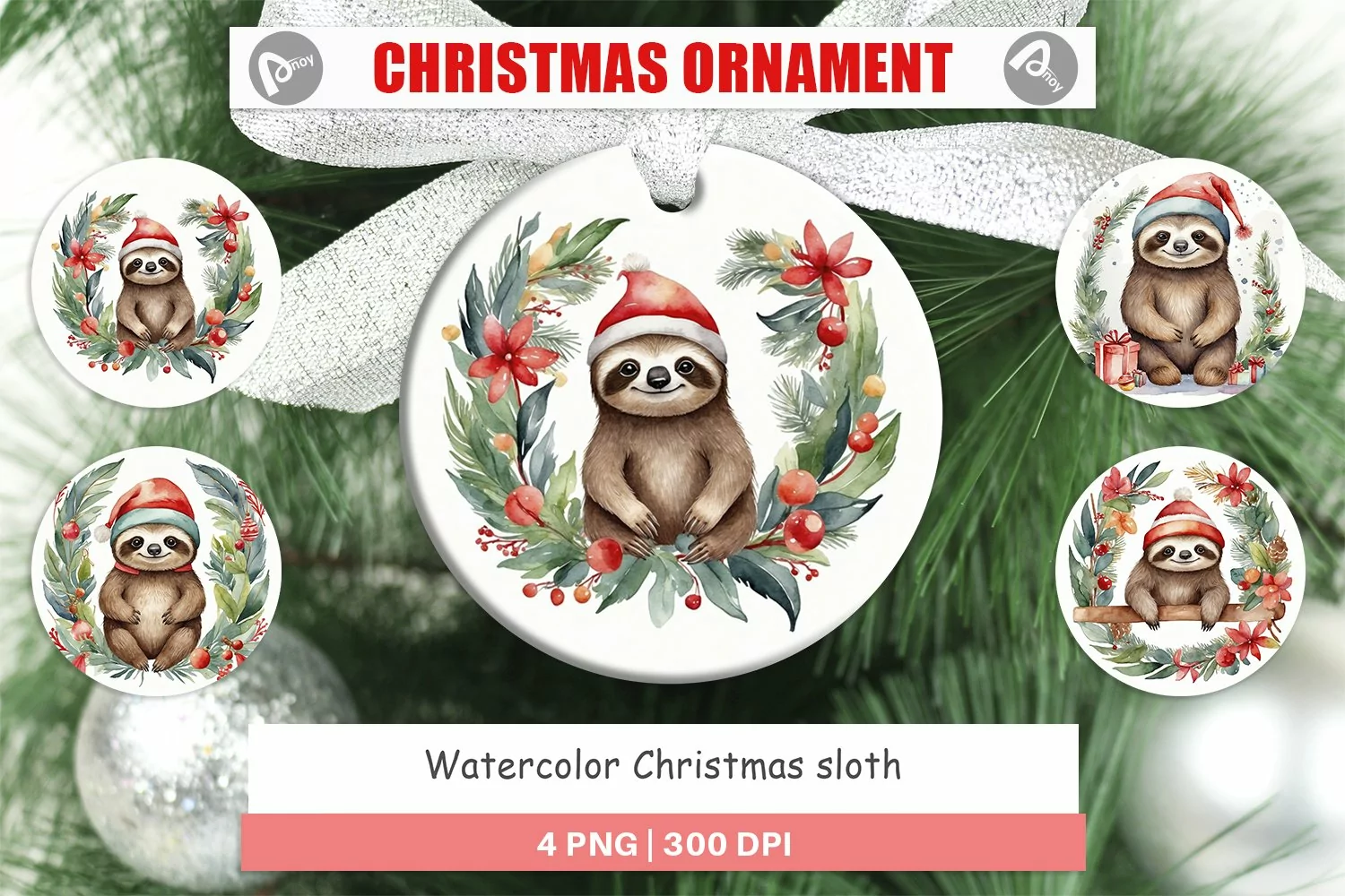 Christmas Ornaments Watercolor Christmas sloth product image 1