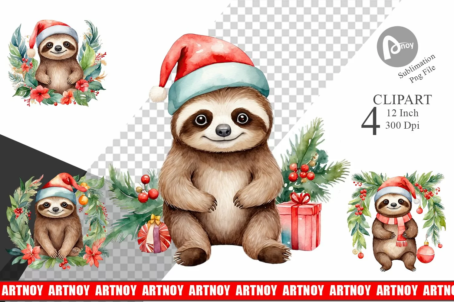 Clipart Watercolor Christmas Sloth product image 1