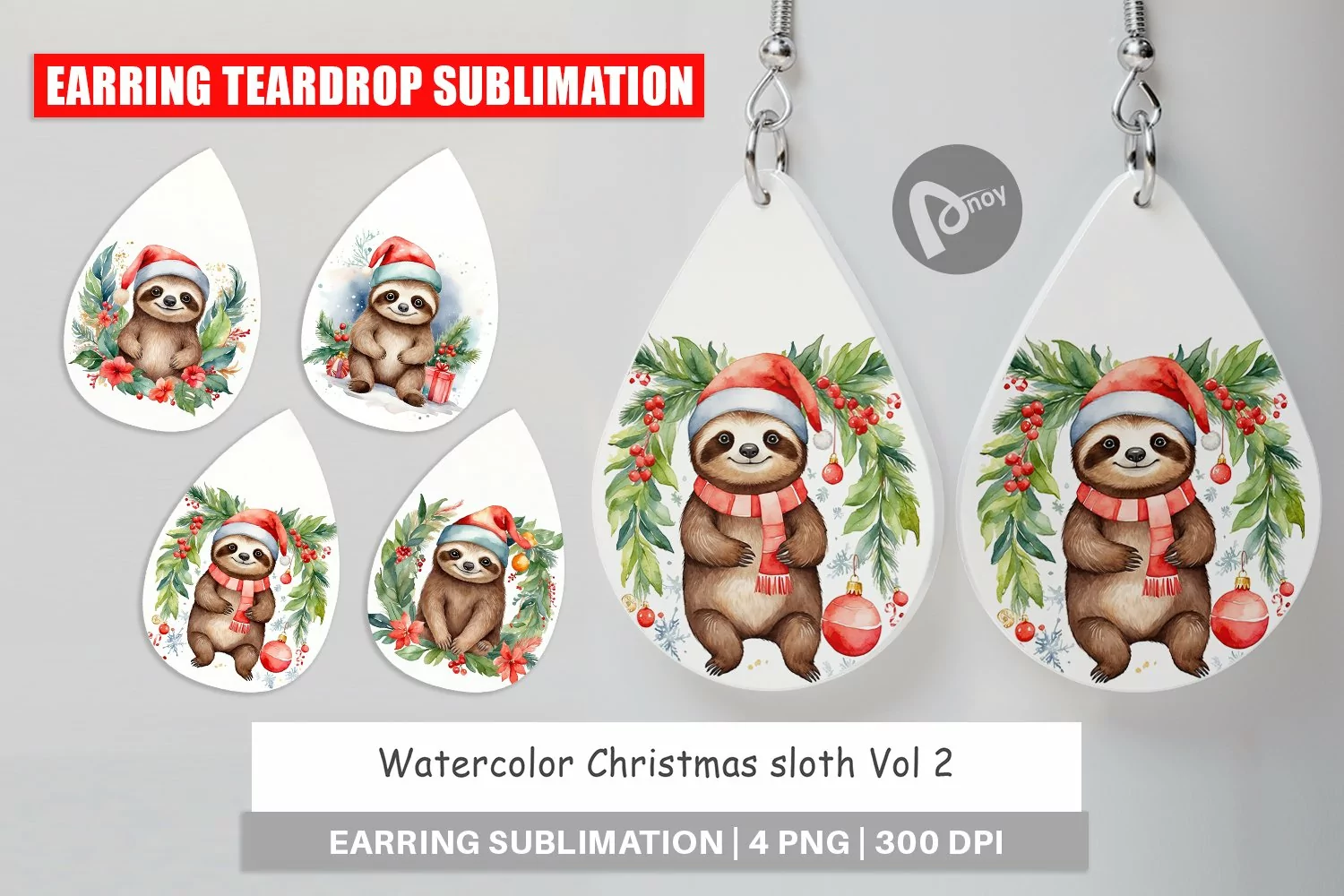 Earring Teardrop Watercolor Christmas sloth product image 1