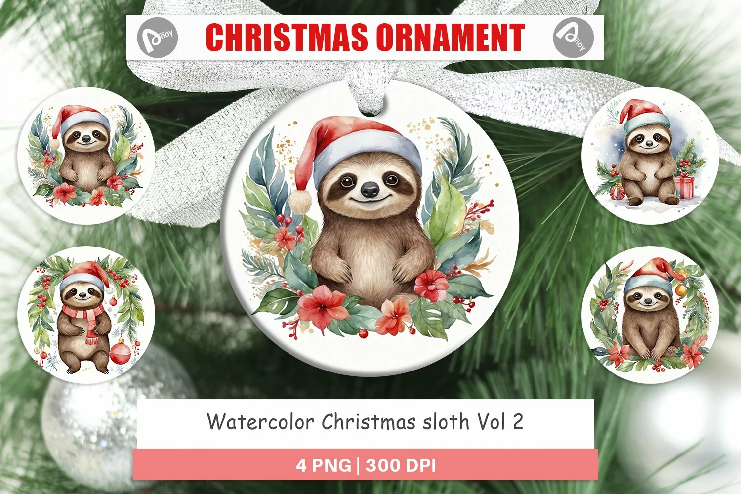 Christmas Ornaments Watercolor Christmas sloth product image 1
