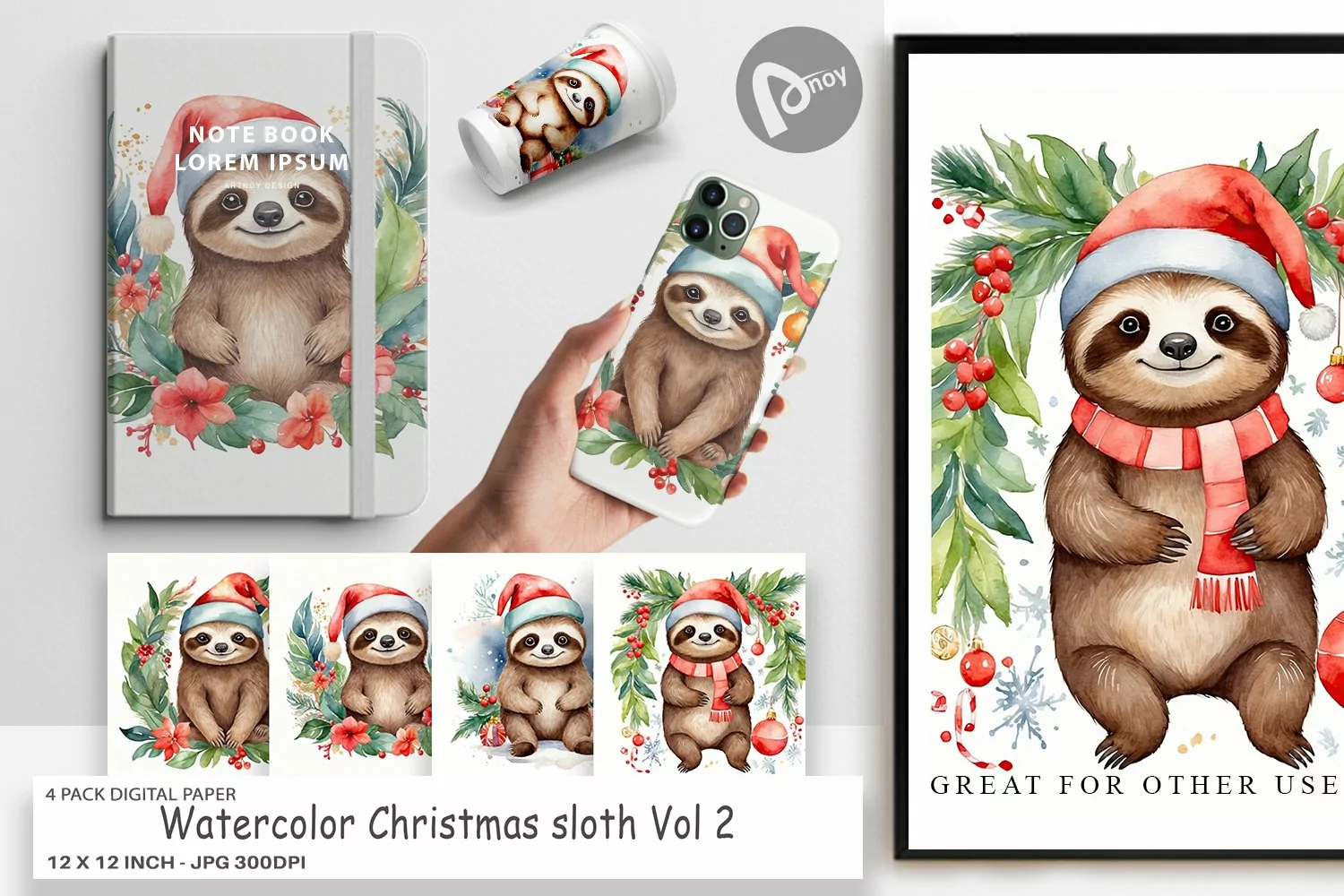 Digital Paper Watercolor Christmas sloth product image 1
