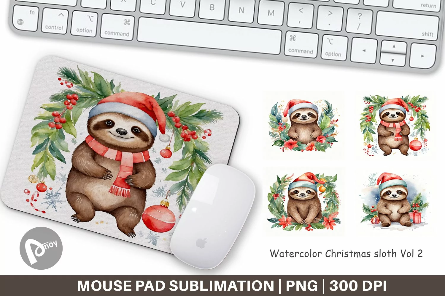 Mouse Pad Watercolor Christmas sloth product image 1