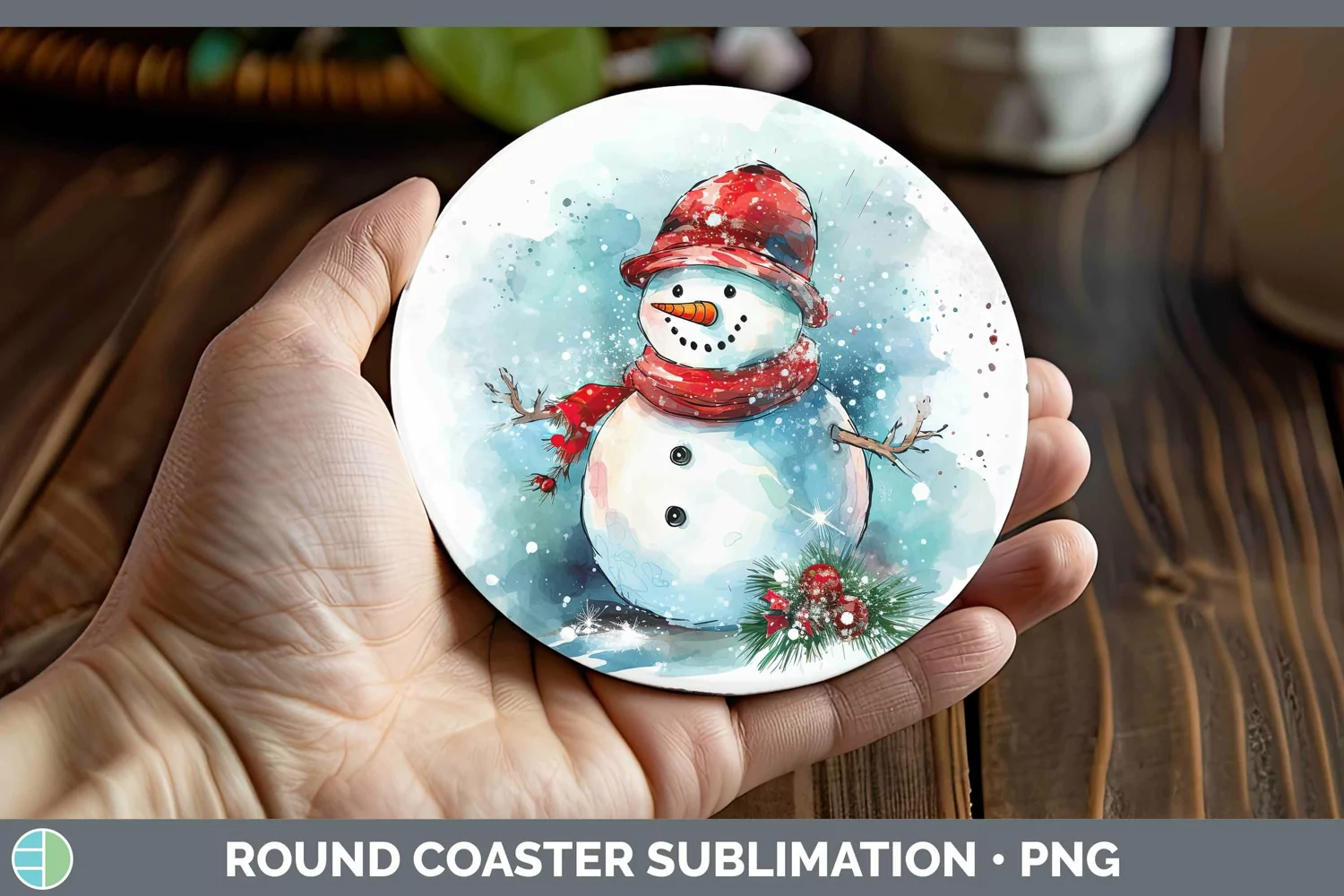 GorgeousWatercolor Christmas Round Coaster design.