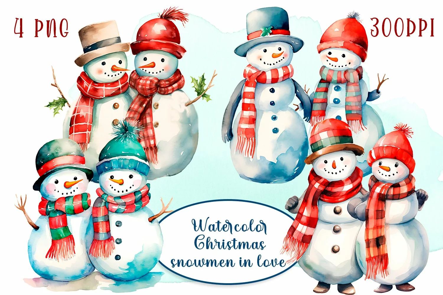 Watercolor Christmas snowmen in love product image 1