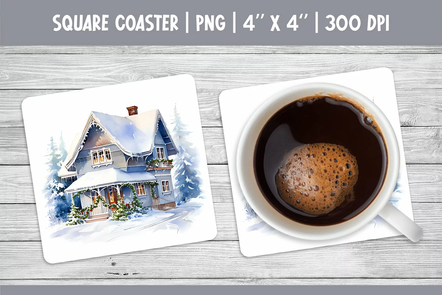 Watercolor Square Coaster Sublimation Design | Winter House product image 1