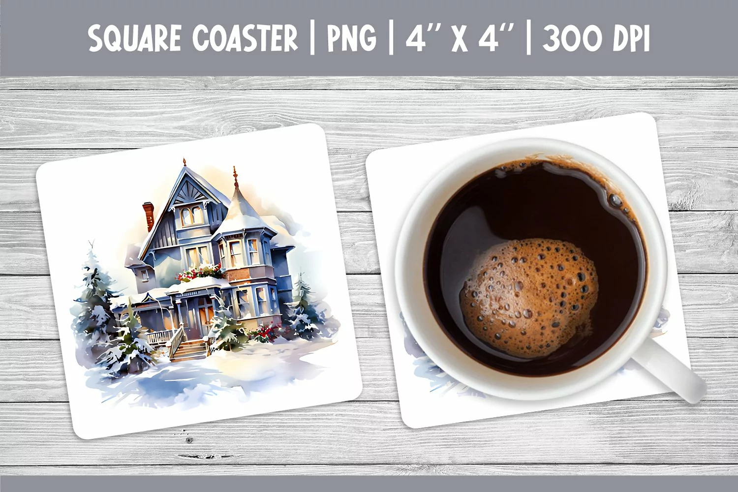 Watercolor Square Coaster Sublimation Design | Winter House product image 1