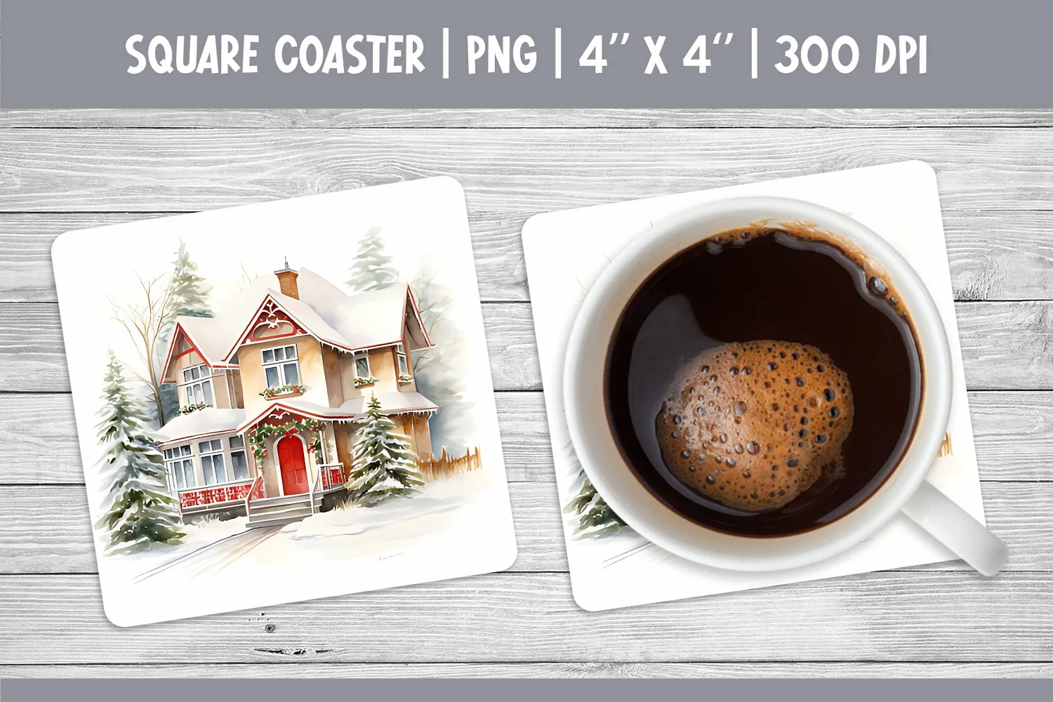 Watercolor Square Coaster Sublimation Design | Winter House product image 1