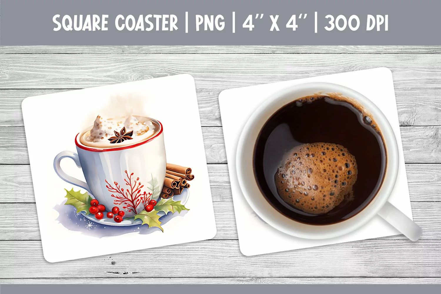 Watercolor Square Coaster Sublimation Design PNG | Hot Cocoa product image 1