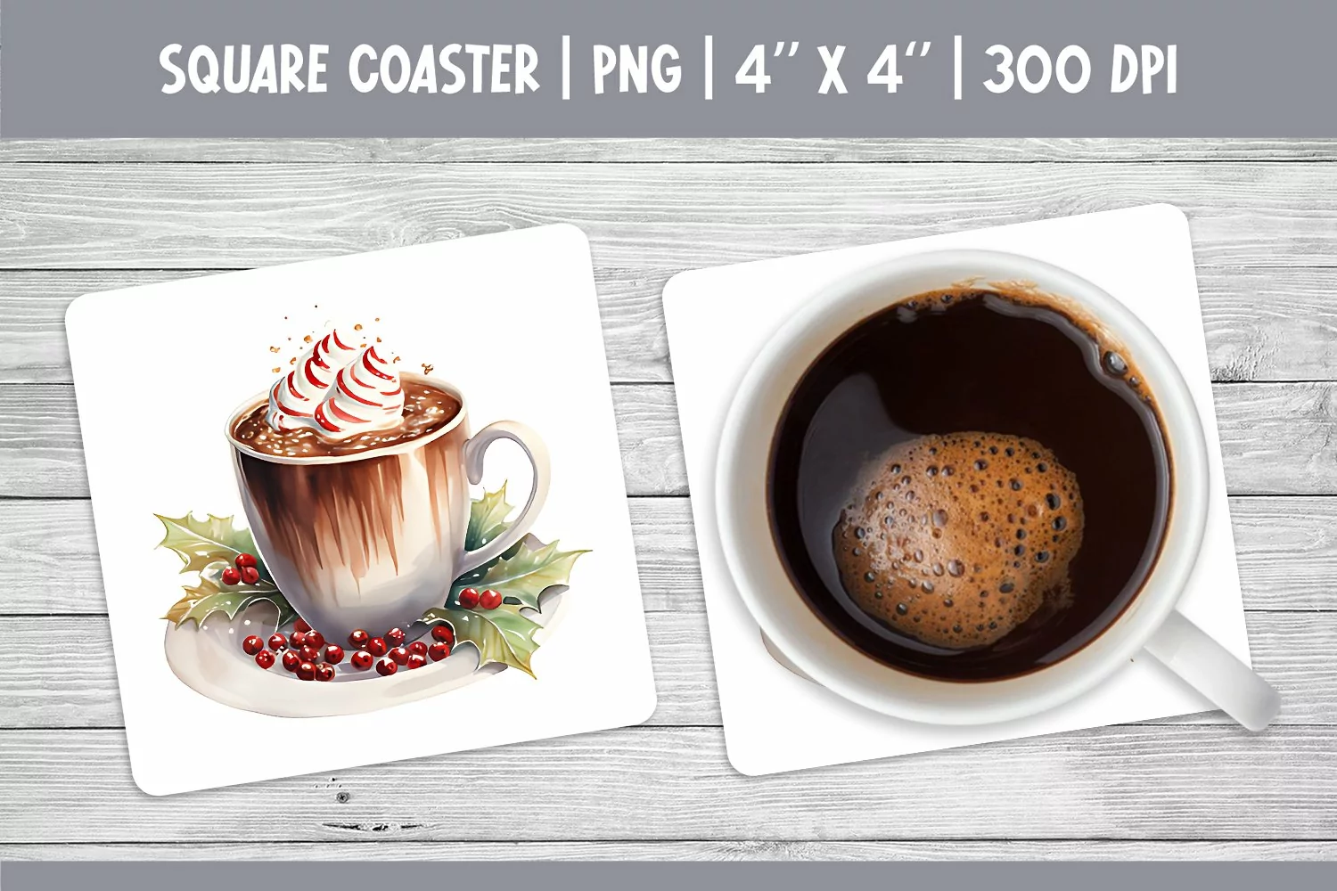 Watercolor Square Coaster Sublimation Design PNG | Hot Cocoa product image 1