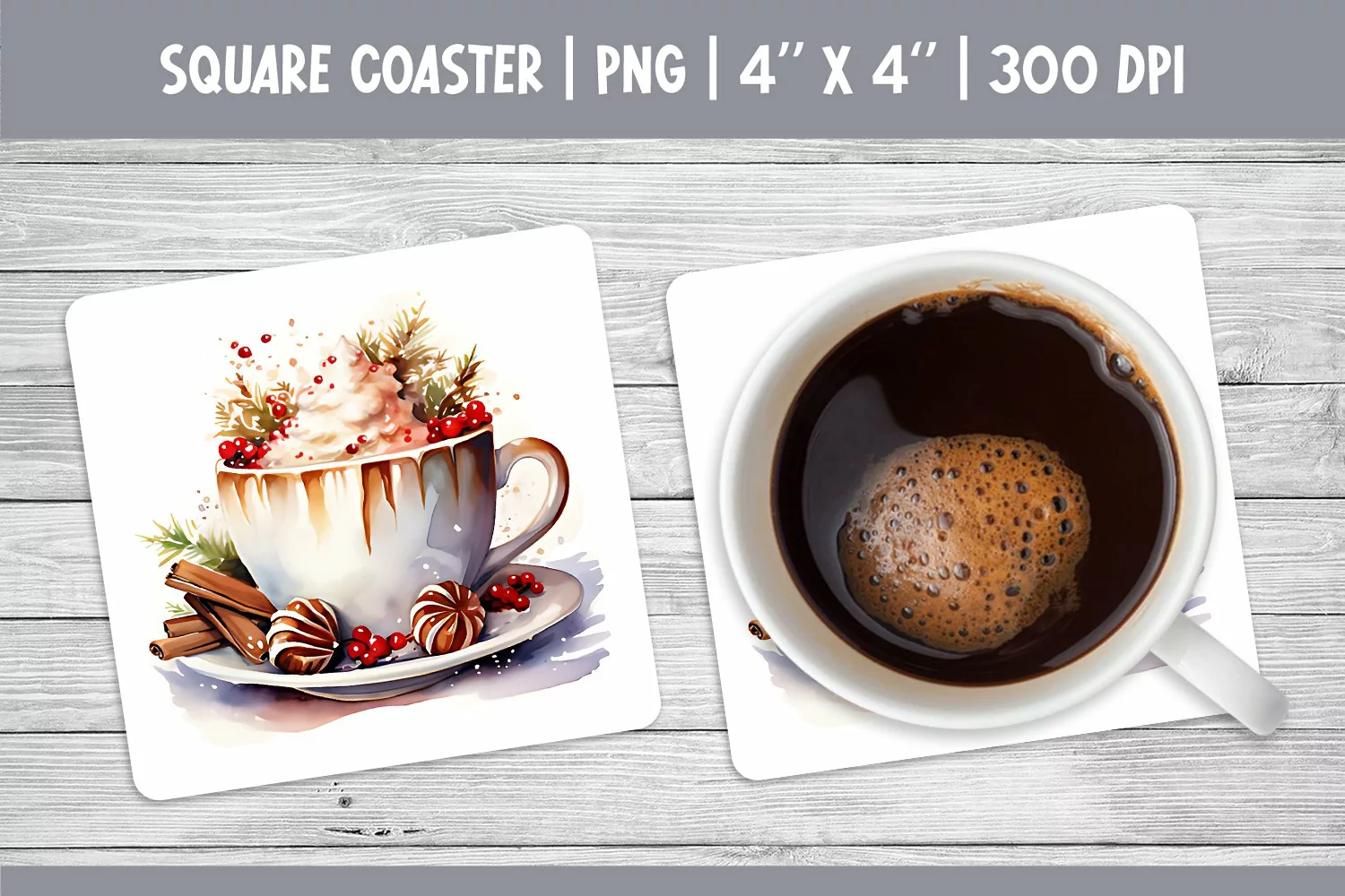Watercolor Square Coaster Sublimation Design PNG | Hot Cocoa product image 1