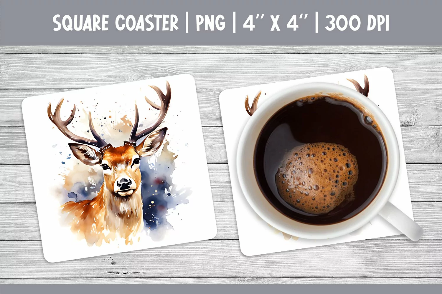 Watercolor Square Coaster Sublimation Design PNG | reindeer product image 1