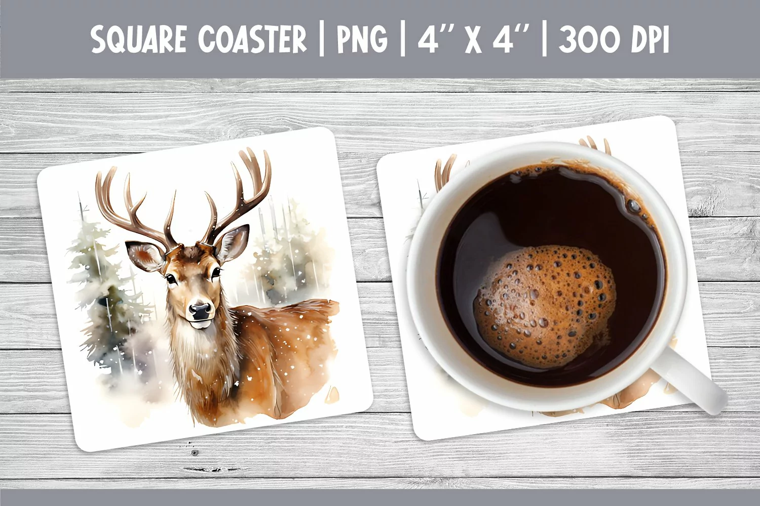 Watercolor Square Coaster Sublimation Design PNG | reindeer product image 1