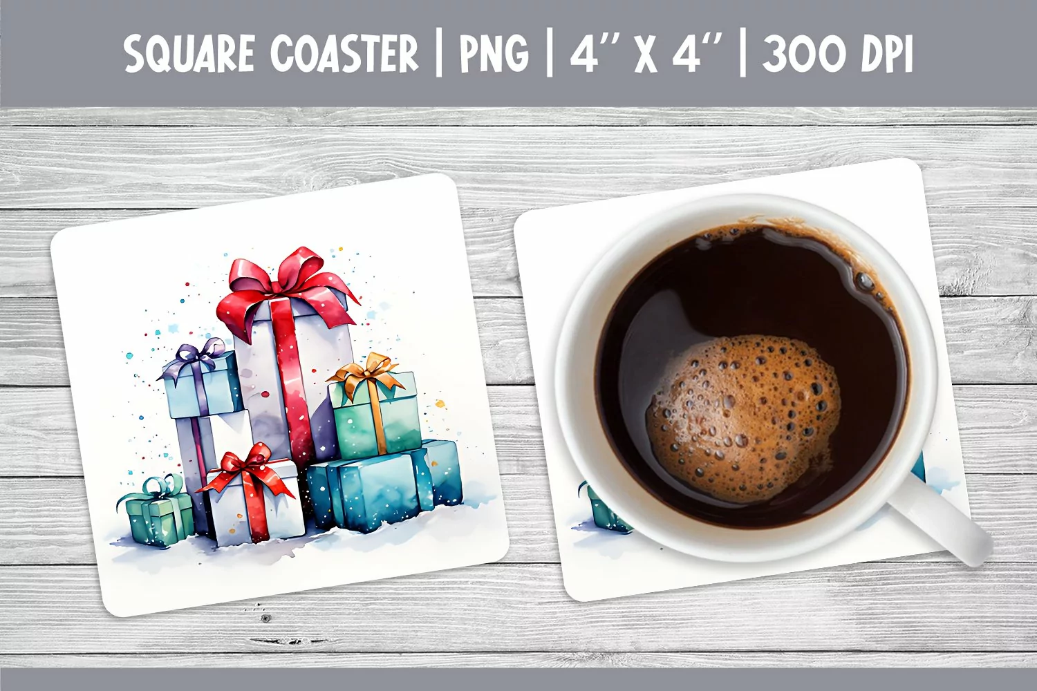 Watercolor Christmas Square Coaster Sublimation Design Gifts product image 1