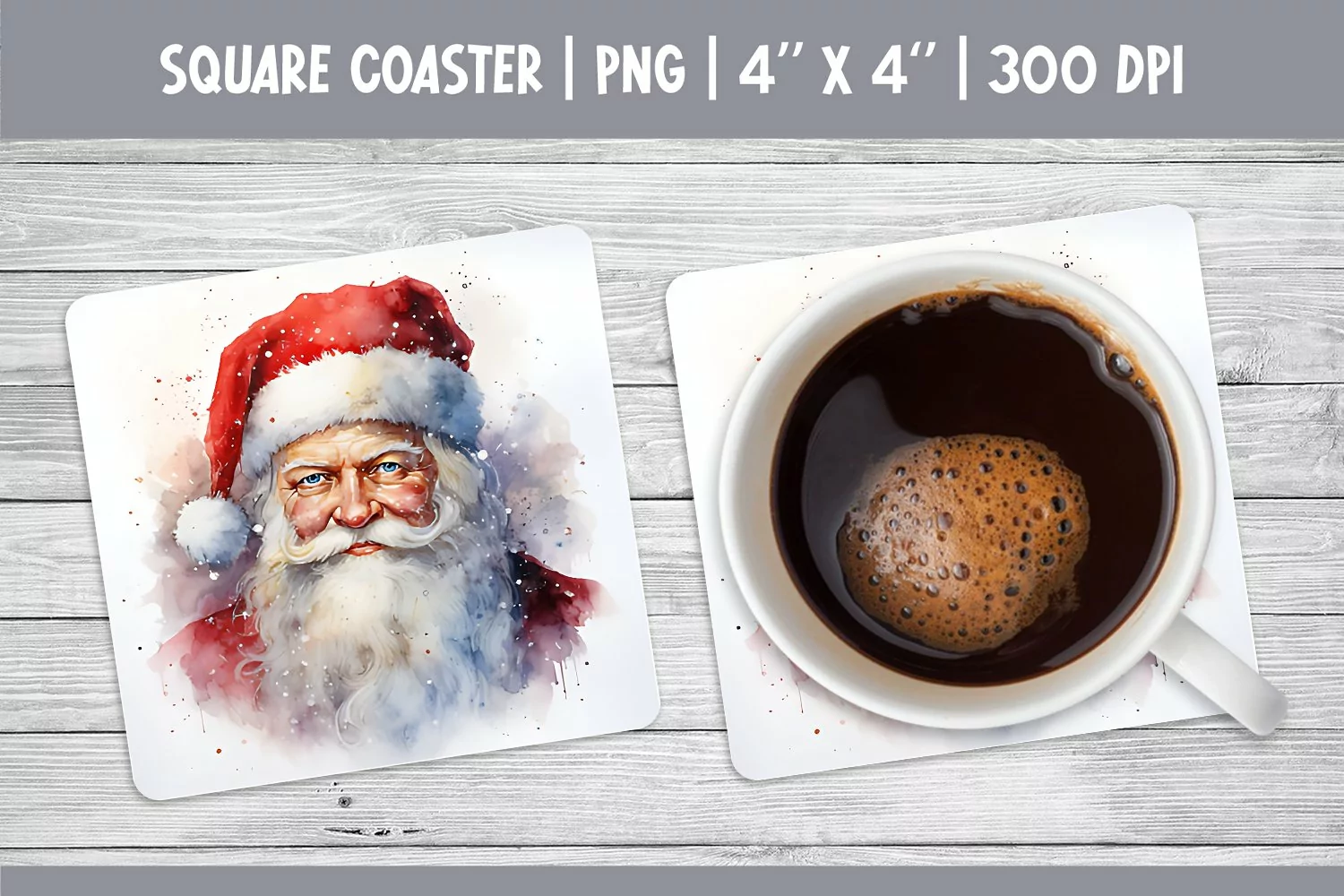 Watercolor Christmas Square Coaster Sublimation Design Santa product image 1