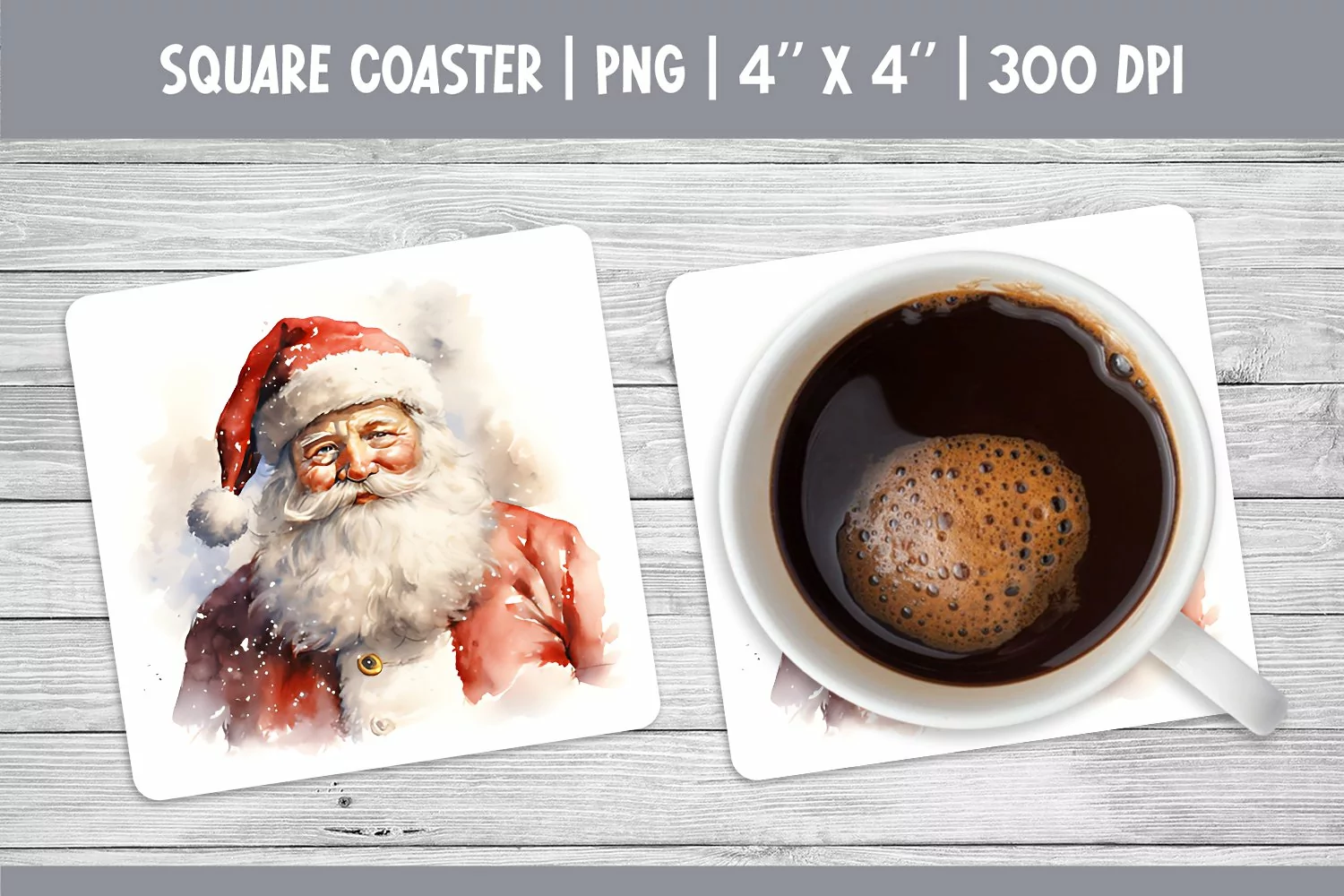 Watercolor Christmas Square Coaster Sublimation Design Santa product image 1