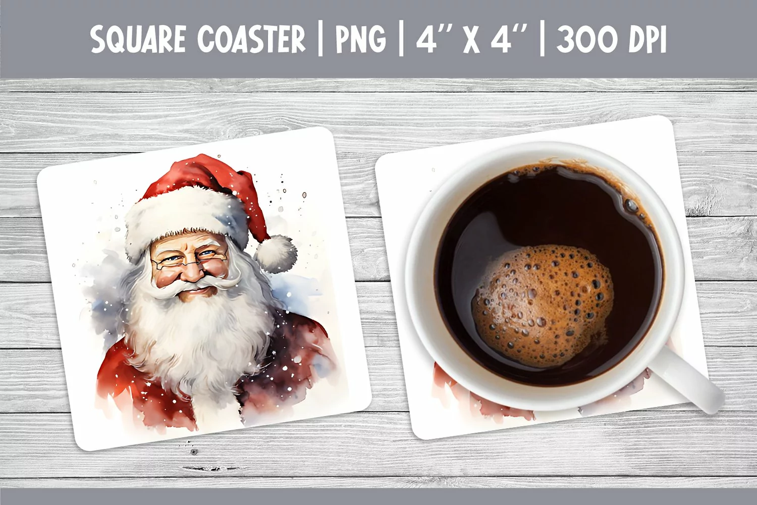 Watercolor Christmas Square Coaster Sublimation Design Santa product image 1