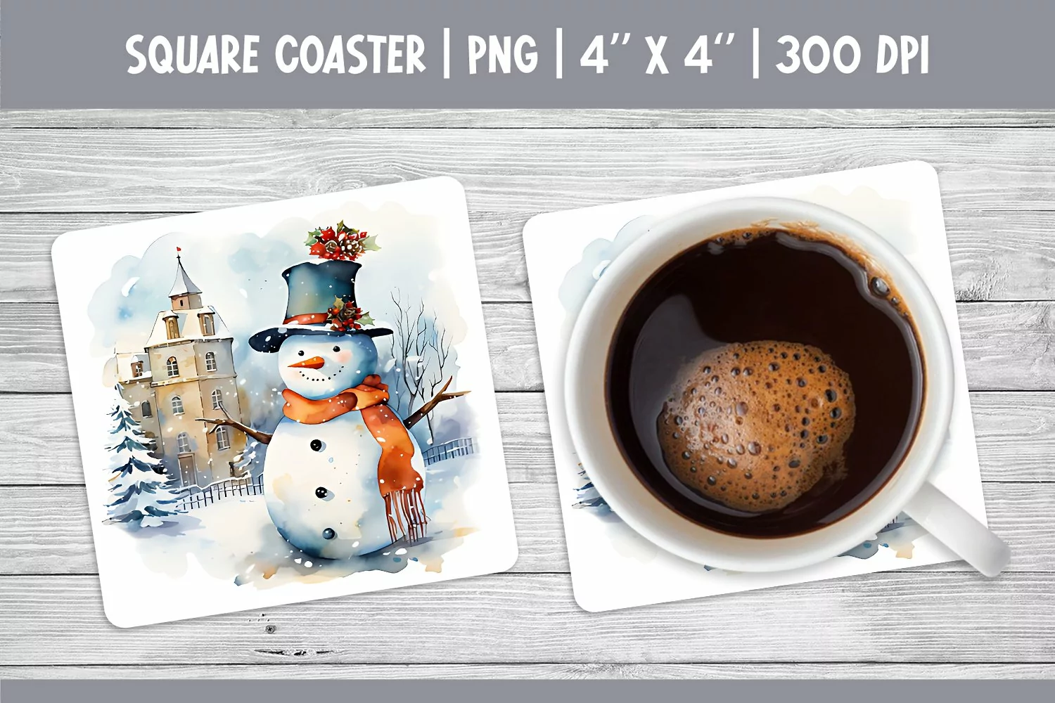 Watercolor Christmas Square Coaster Sublimation Snowman PNG product image 1