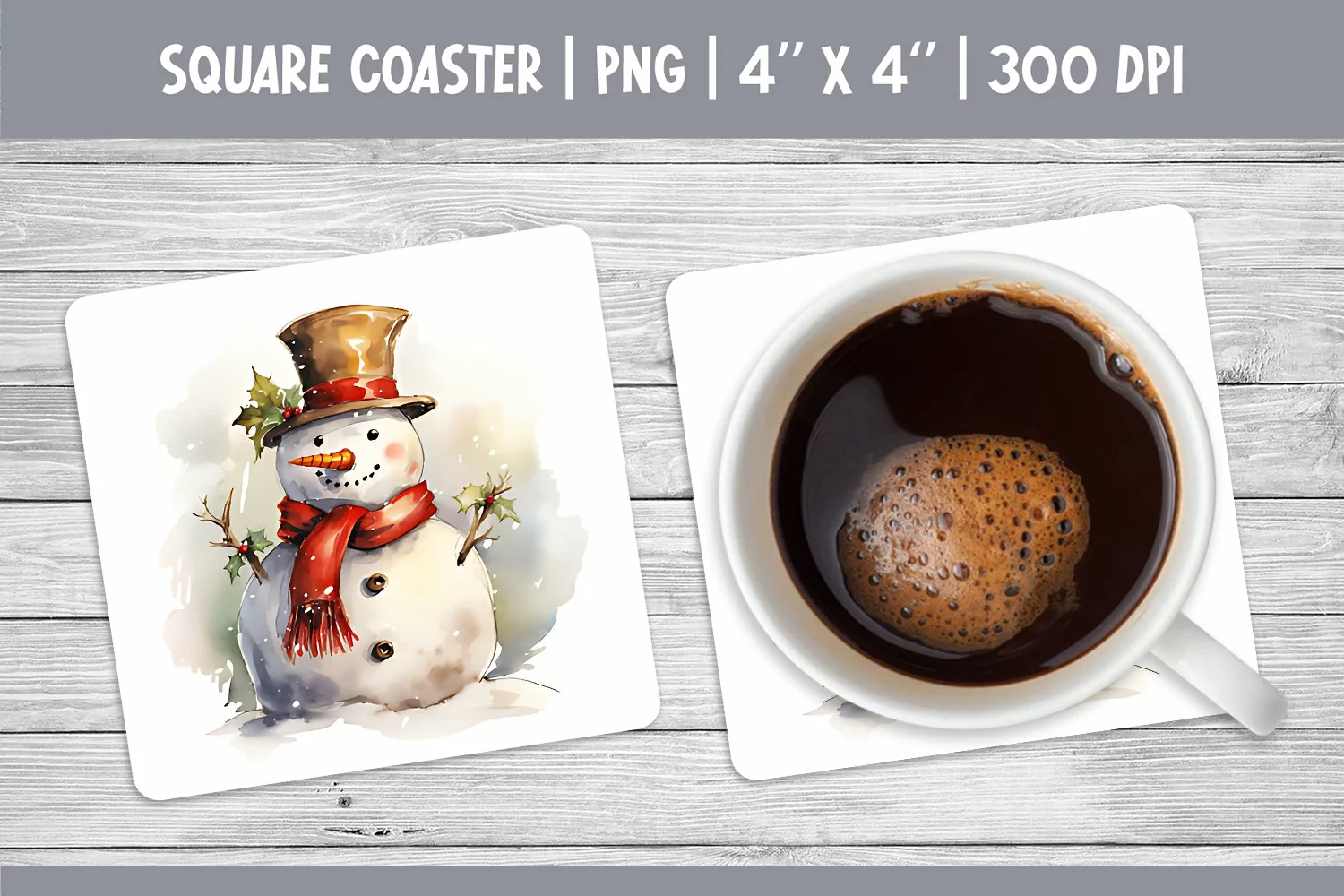 Watercolor Christmas Square Coaster Sublimation Snowman PNG product image 1