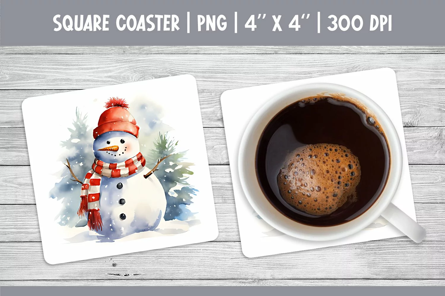 Watercolor Christmas Square Coaster Sublimation Snowman PNG product image 1