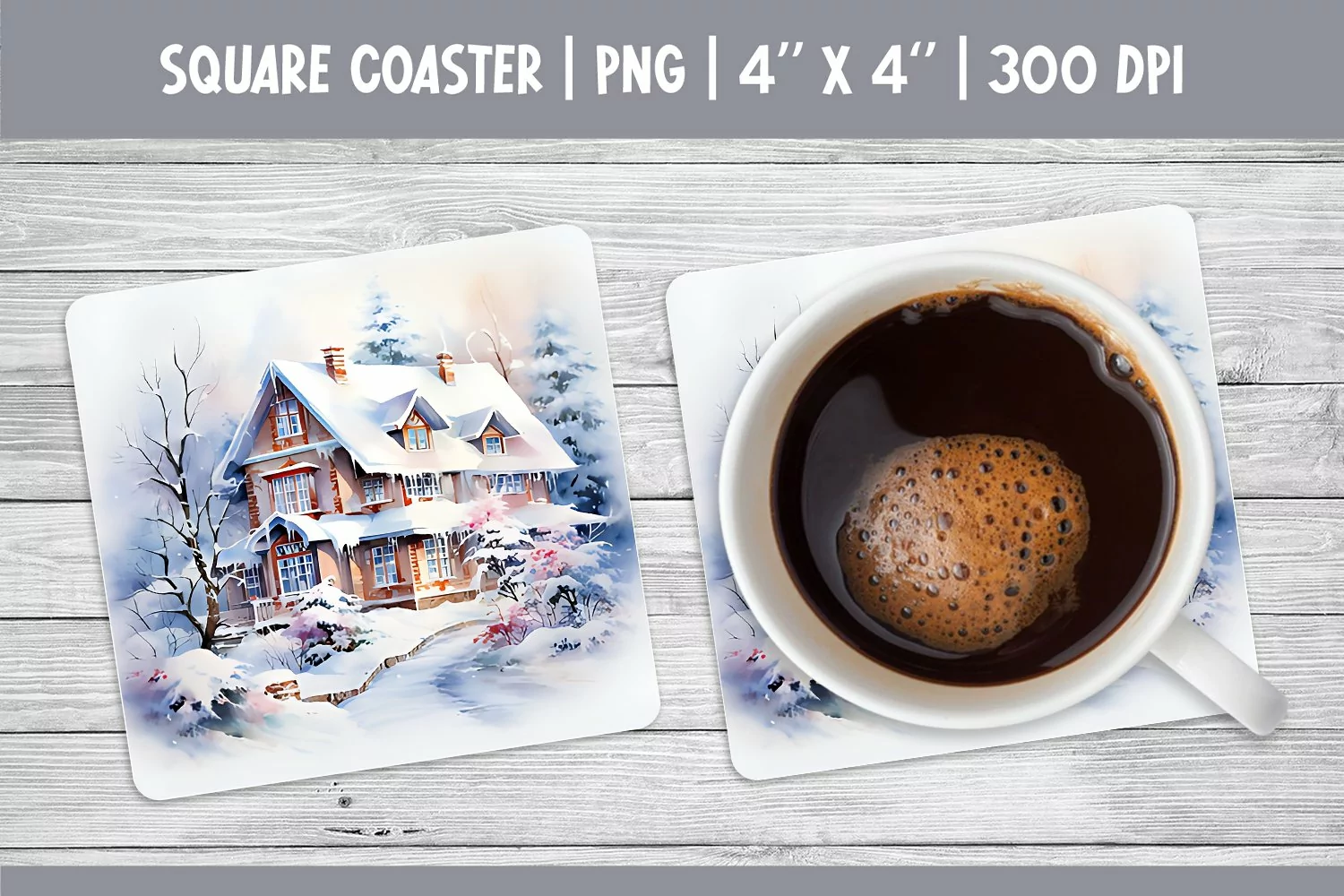 Watercolor Square Coaster Sublimation Design | Winter House product image 1