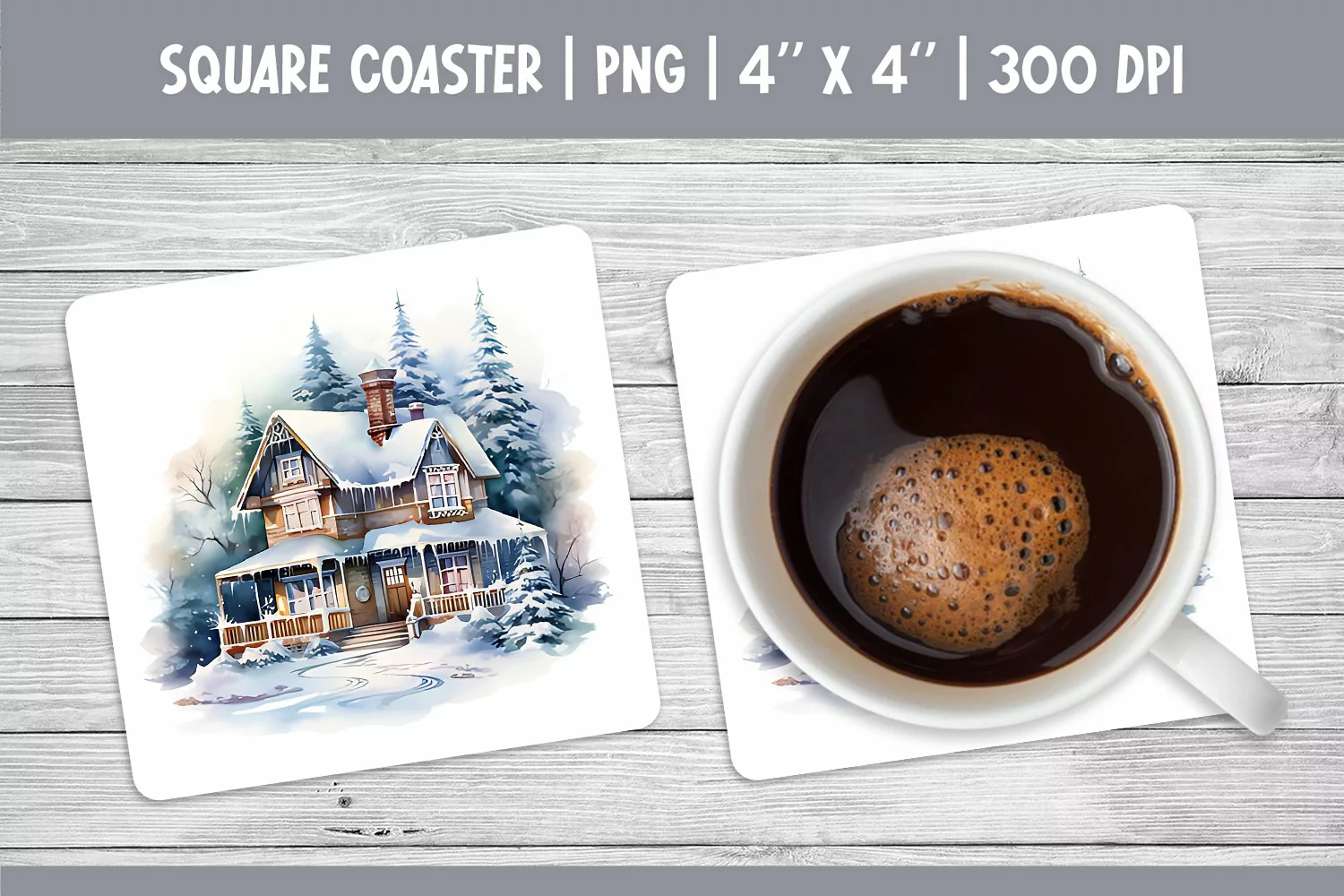 Watercolor Square Coaster Sublimation Design | Winter House product image 1