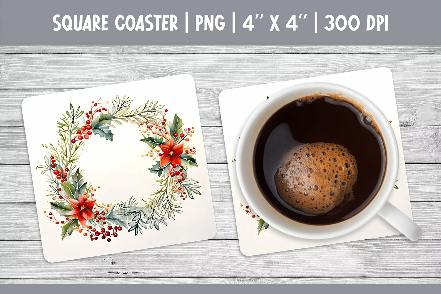 Watercolor Christmas Square Coaster Sublimation Wreath PNG product image 1