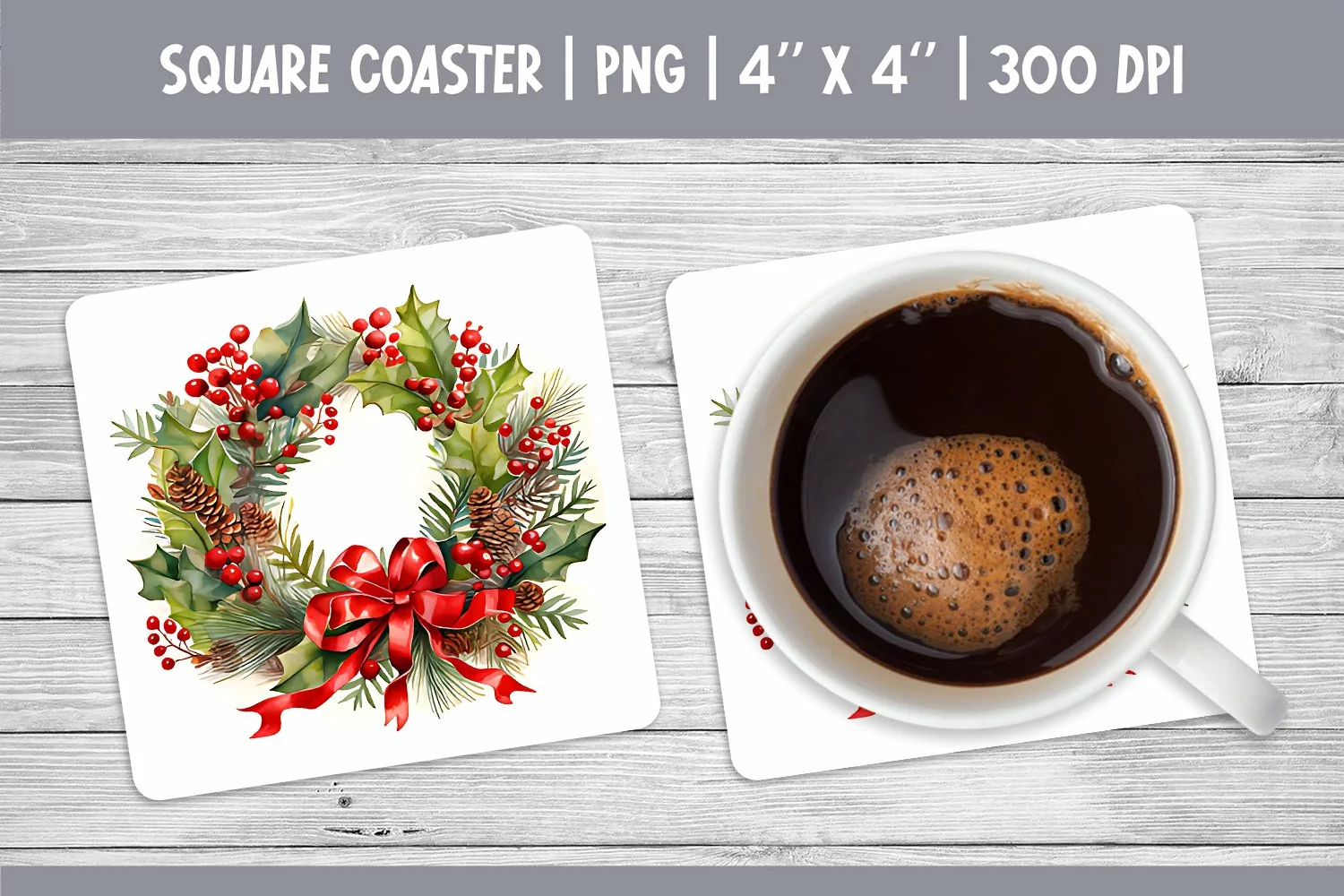 Watercolor Christmas Square Coaster Sublimation Wreath PNG product image 1