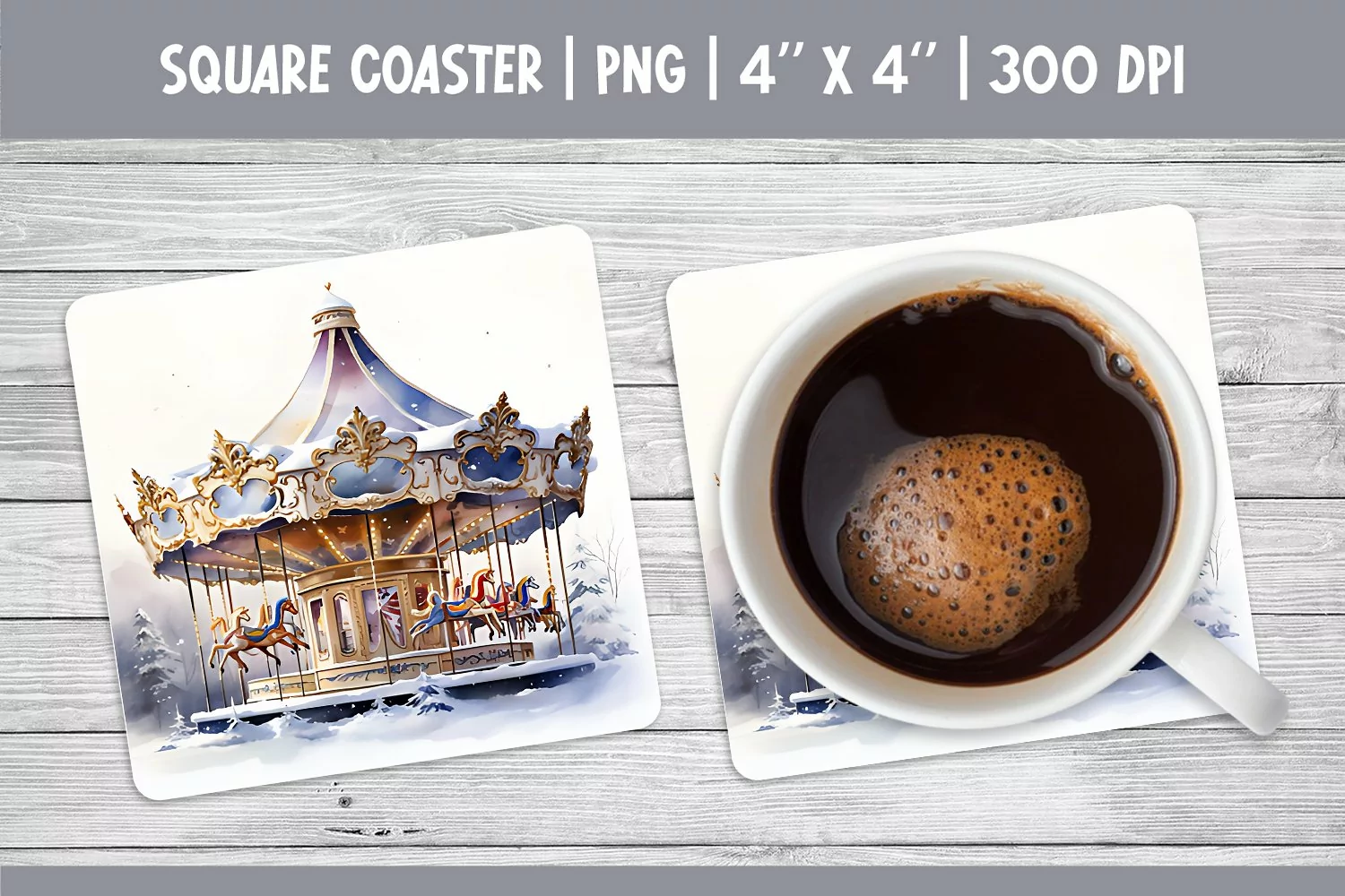 Watercolor Christmas Square Coaster Sublimation Carousel PNG product image 1