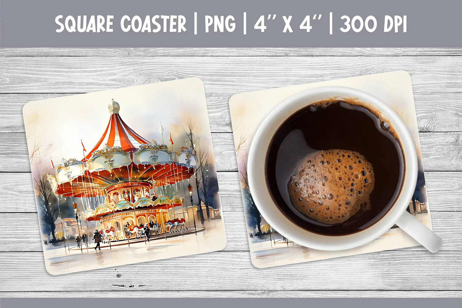 Watercolor Christmas Square Coaster Sublimation Carousel PNG product image 1
