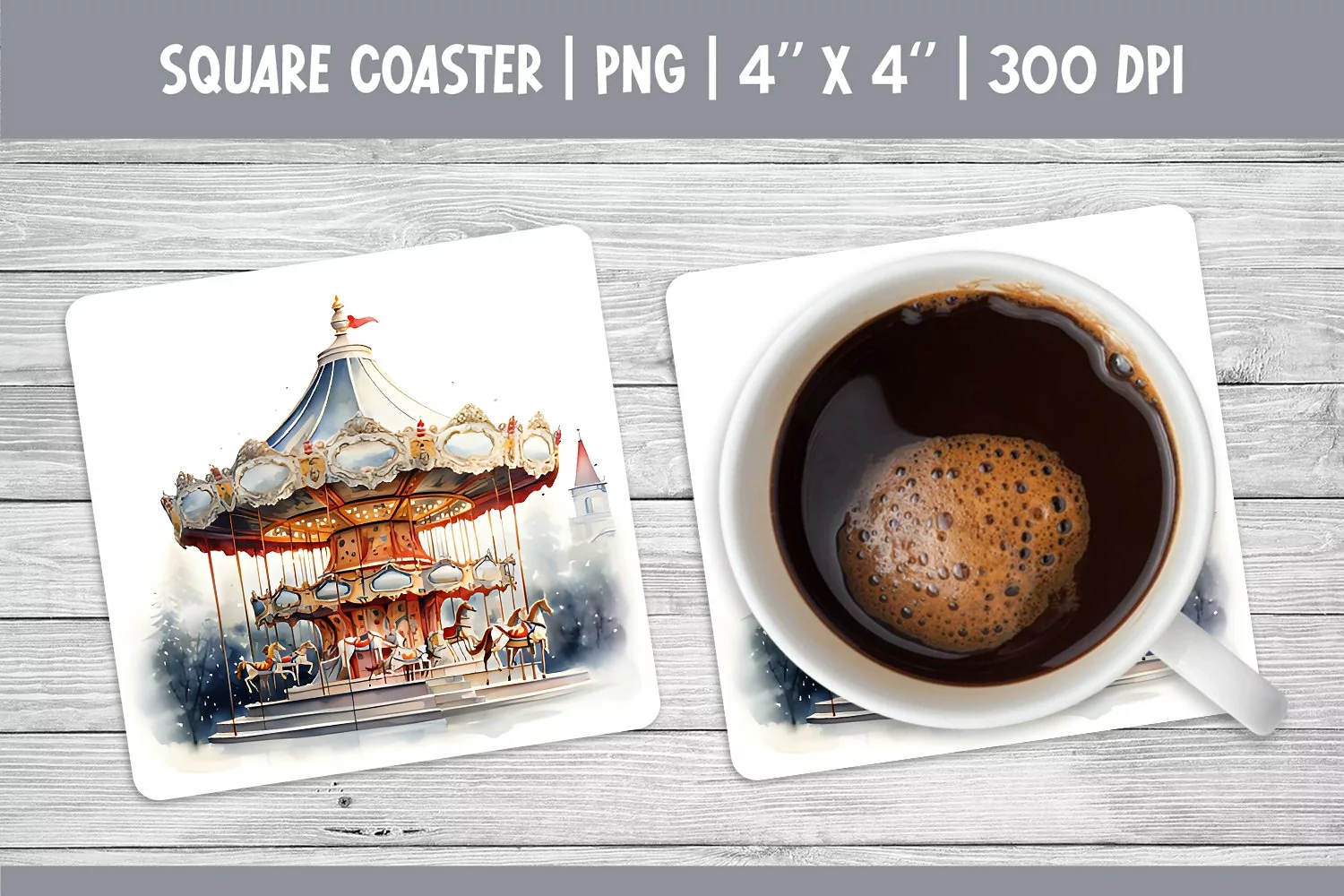 Watercolor Christmas Square Coaster Sublimation Carousel PNG product image 1