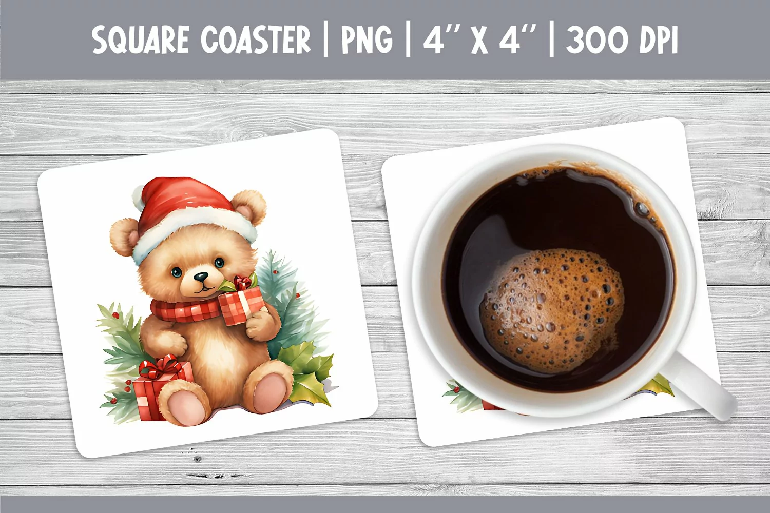 Watercolor Christmas Square Coaster Sublimation Teddy Bear product image 1