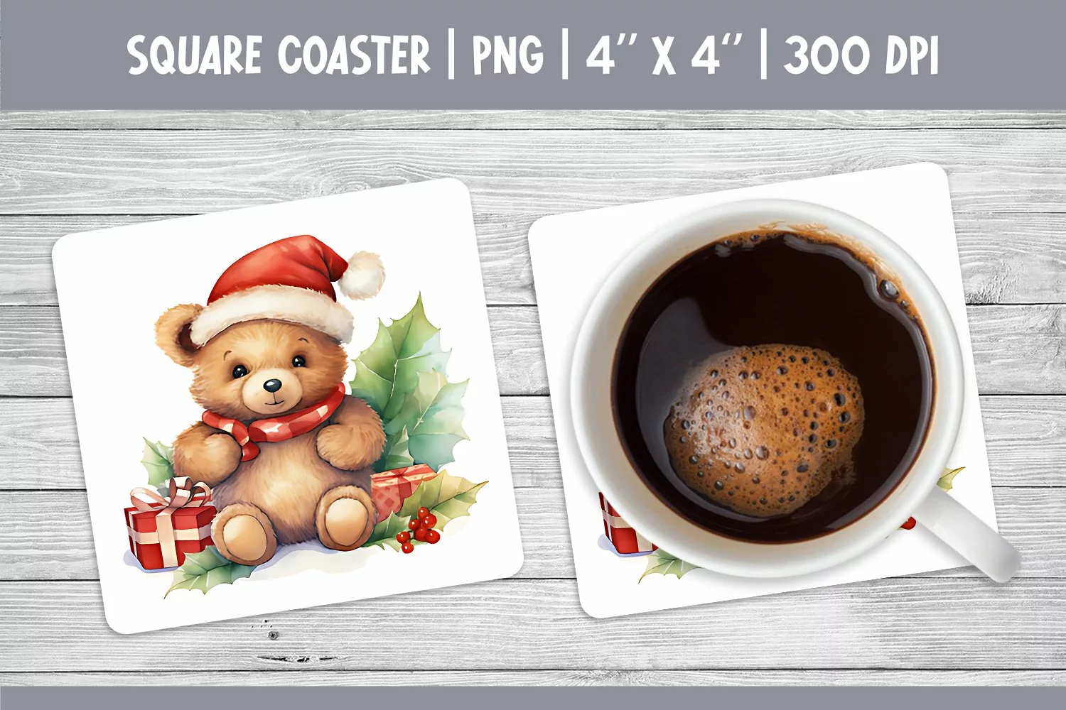 Watercolor Christmas Square Coaster Sublimation Teddy Bear product image 1