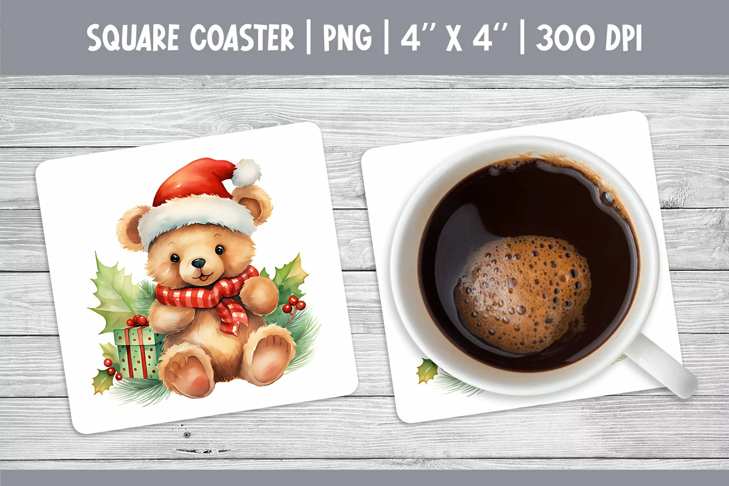 Watercolor Christmas Square Coaster Sublimation Teddy Bear product image 1