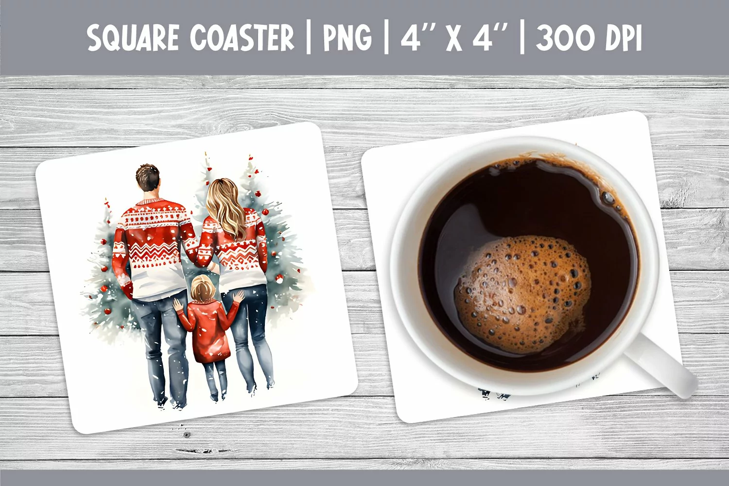 Watercolor Christmas Square Coaster Sublimation Family PNG product image 1