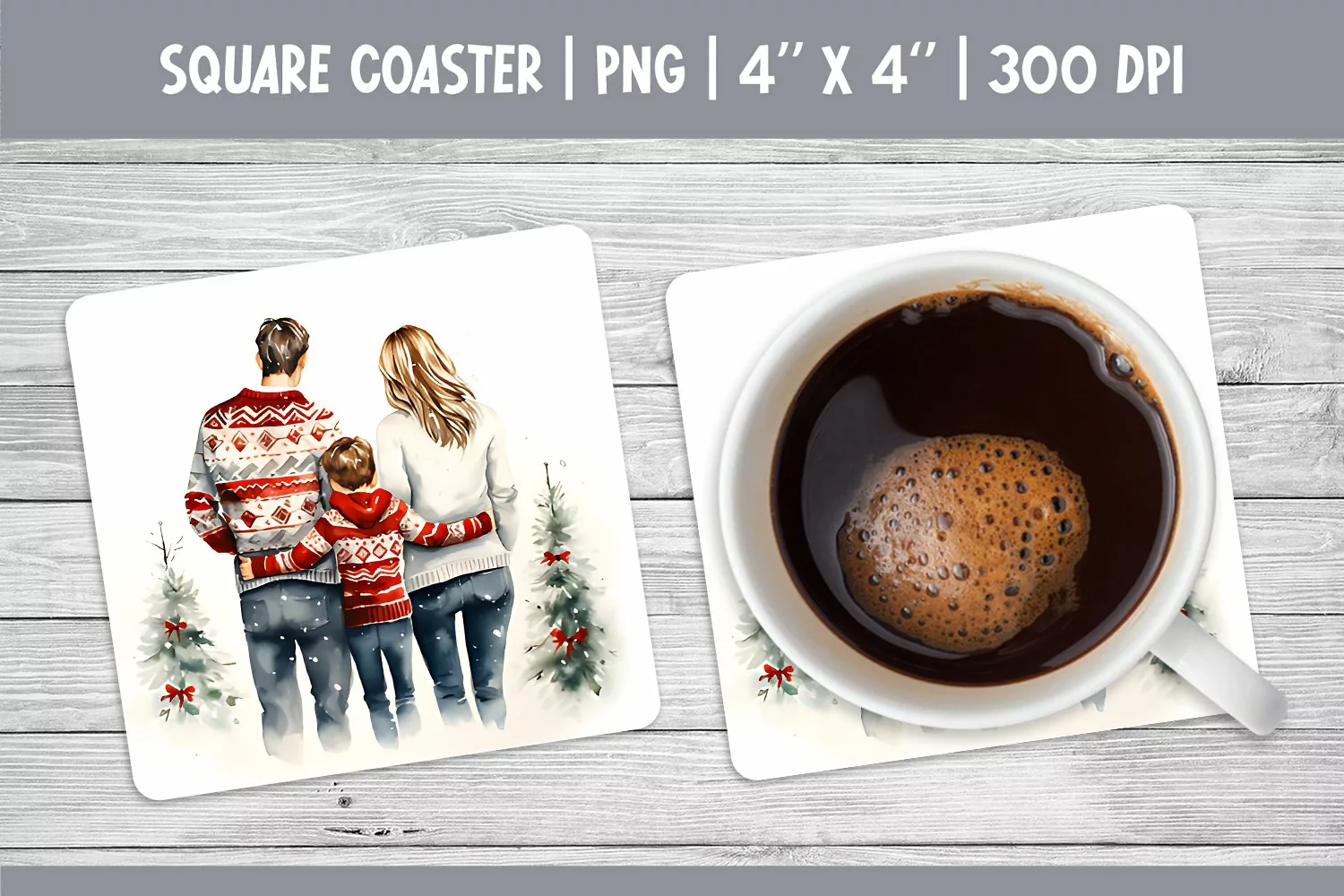 Watercolor Christmas Square Coaster Sublimation Family PNG product image 1